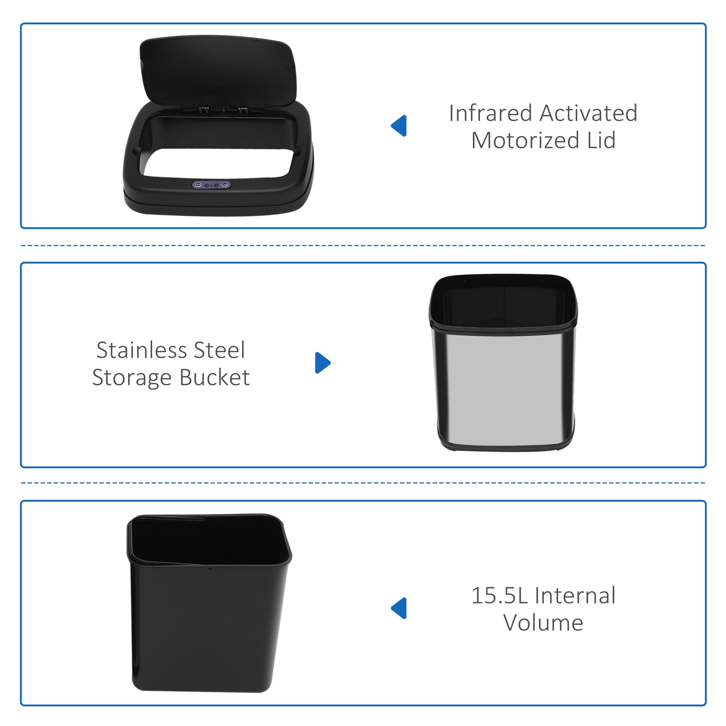 HOMCOM 20L LUXURY Automatic Sensor Dustbin Kitchen Waste Bin Rubbish Trashcan Auto Dustbin Stainless Steel with Bucket 33*25*42.5CM