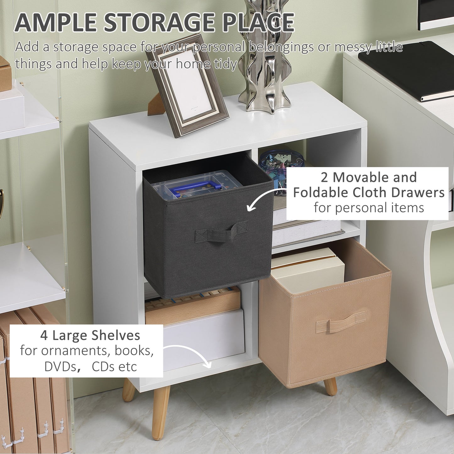 HOMCOM Freestanding 4 Cube Unit Cabinet Unit w/ 3 Fabric Drawers Handles Home Office Storage Shelves