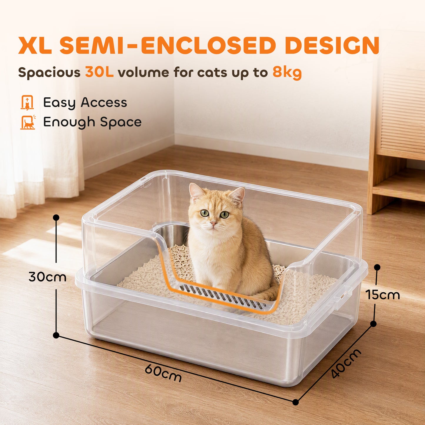PawHut XL Stainless Steel Cat Litter Tray with Lid, High Sided Cat Litter Box with Scoop and Mat, Light Grey