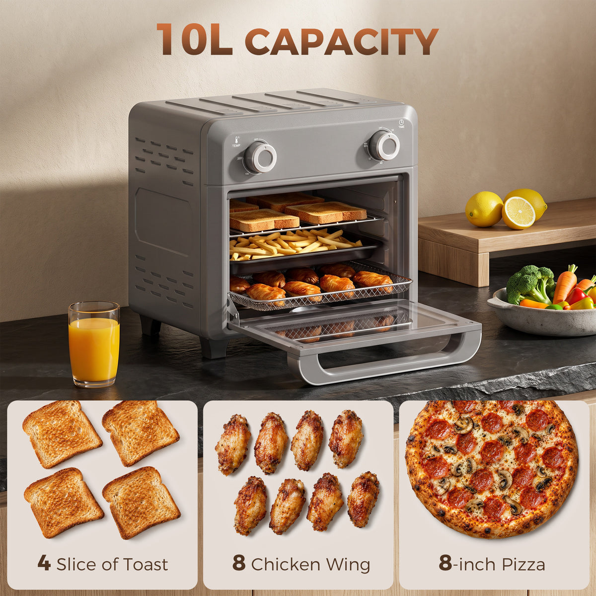 HOMCOM 10L Air Fryer Oven, Mini Oven, Grill, Roast, Bake, with Adjustable Temperature, Timer, 1000W, Grey