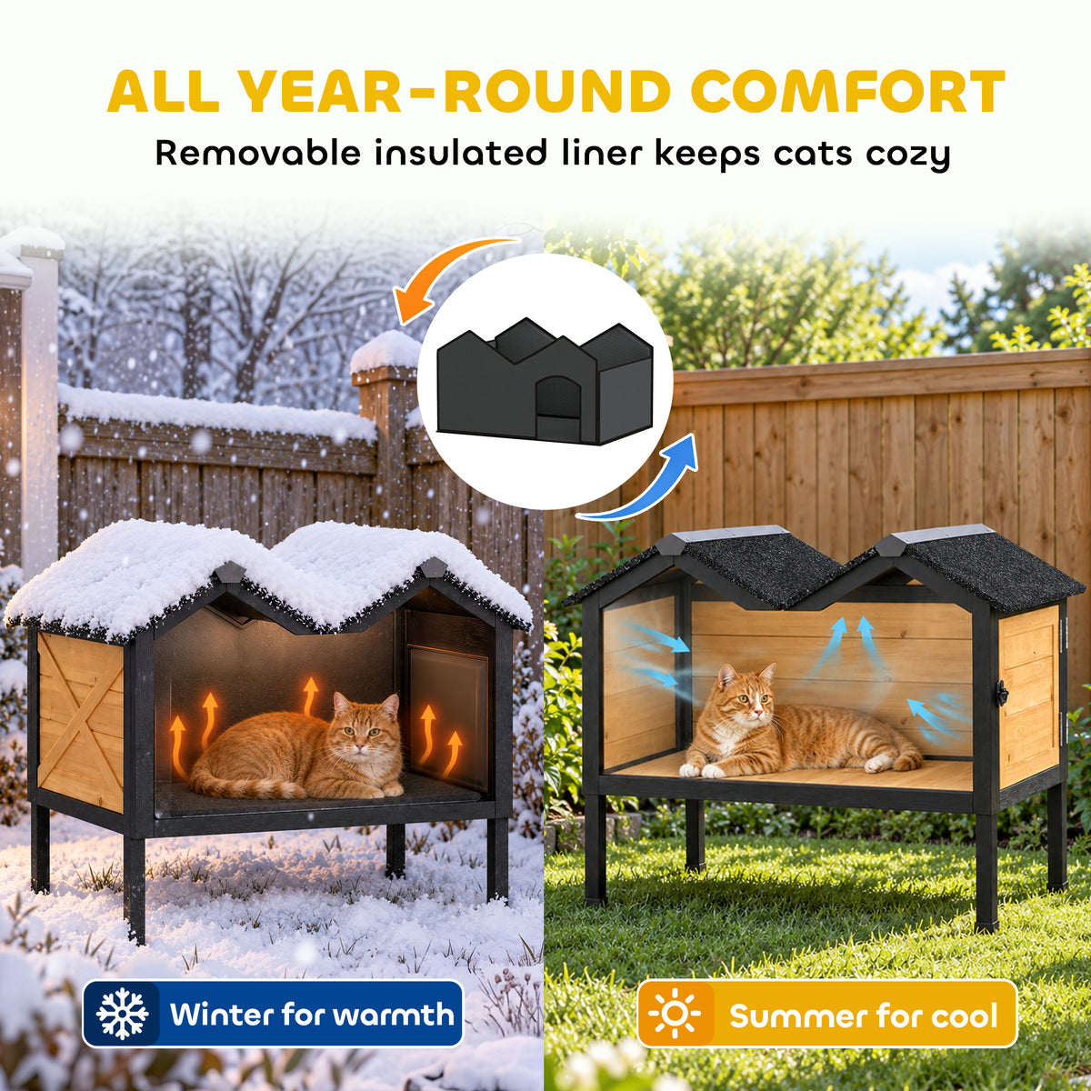 PawHut Wooden Cat House Outdoor Indoor with Weatherproof Asphalt Roof, Side Cleaning Door, PVC Curtain