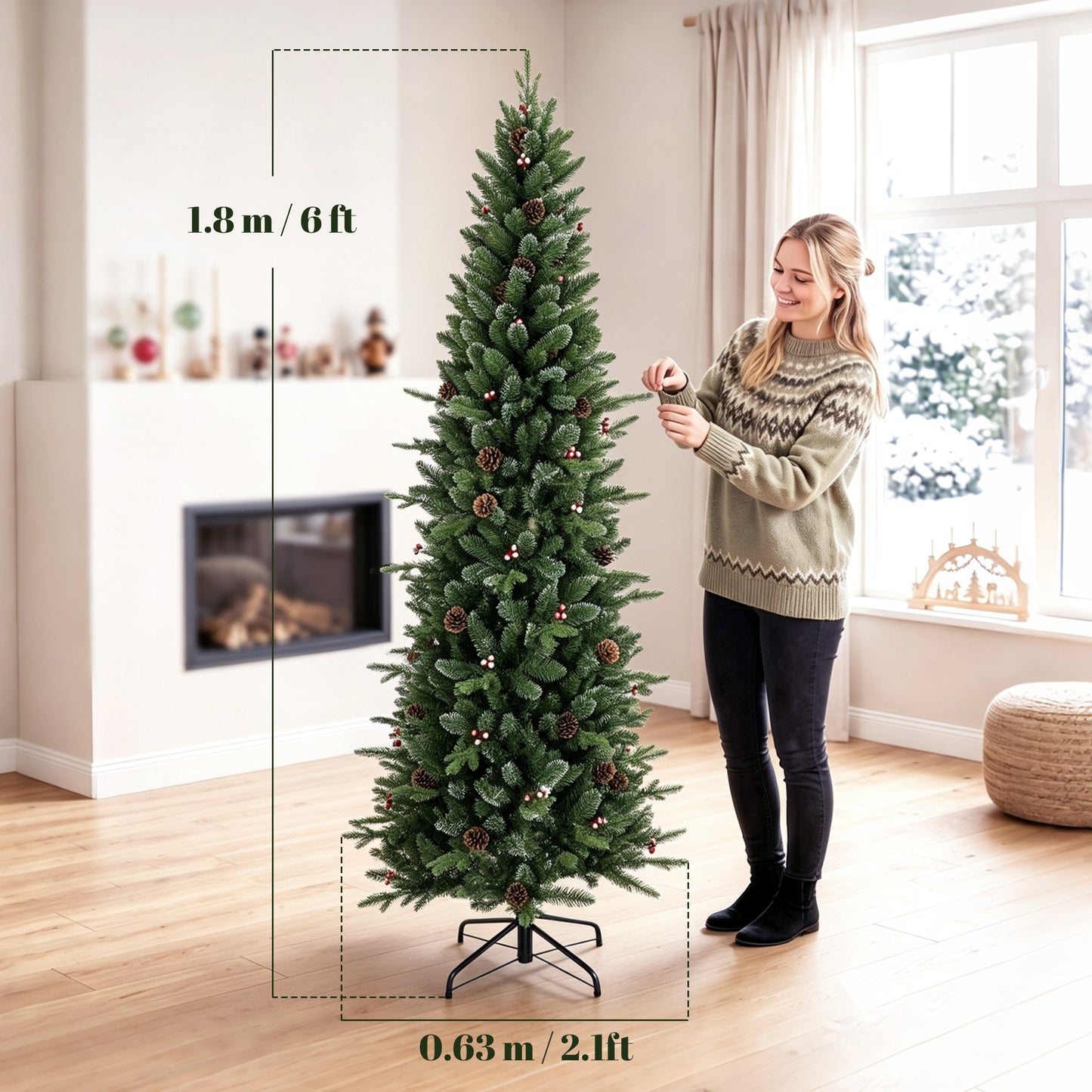 HOMCOM Slim Gracious Pine Xmas Tree, 6ft/180cm Artificial Christmas Tree with 688 Branch Tips, Foldable Steel Stand, Green