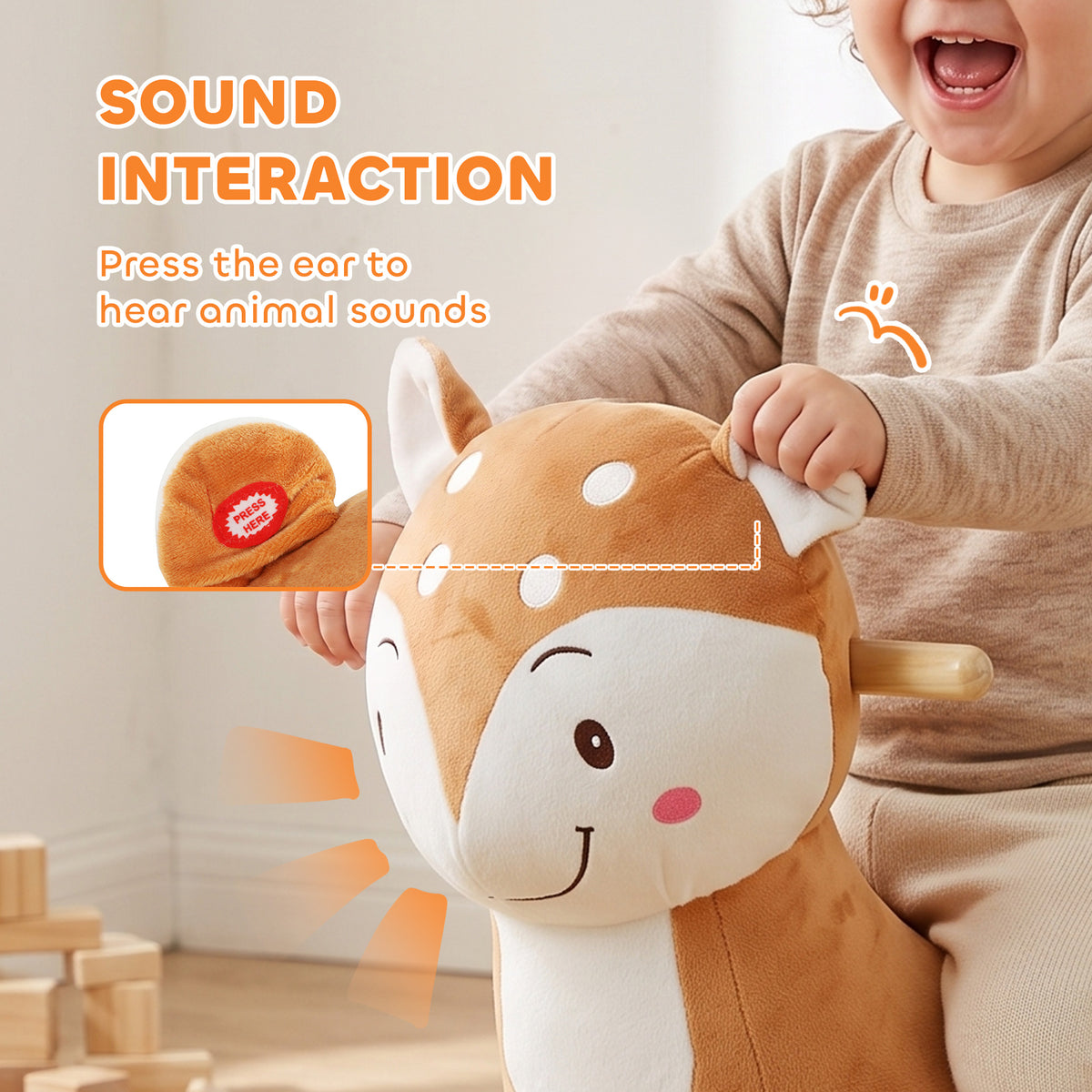 AIYAPLAY Rocking Horse, Ride on Horse Deer Design with Sounds, Security Belt, Rocking Stopper, for Toddlers 1-3 Years, Brown