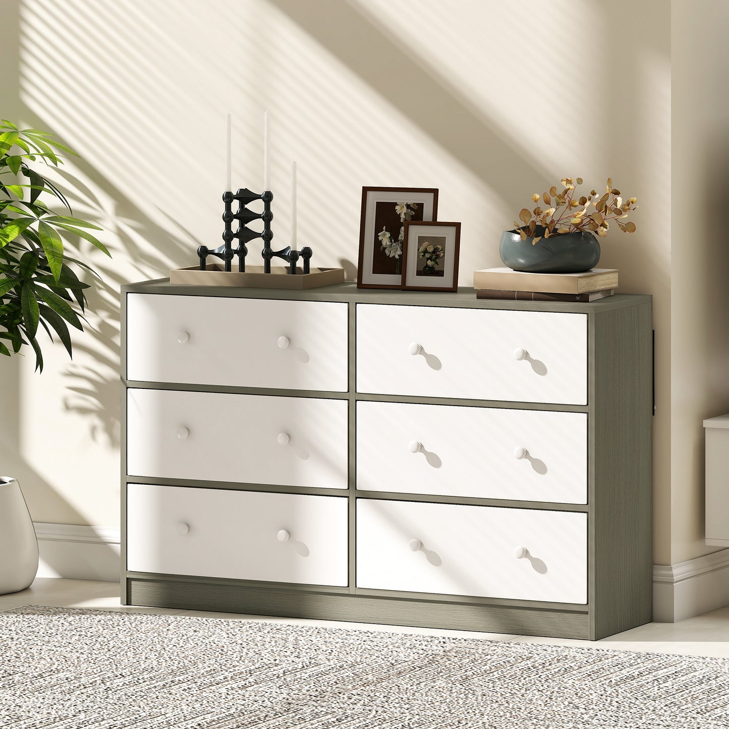 HOMCOM Chest of Drawers, Dresser with 6 Fabric Drawers - White and Grey