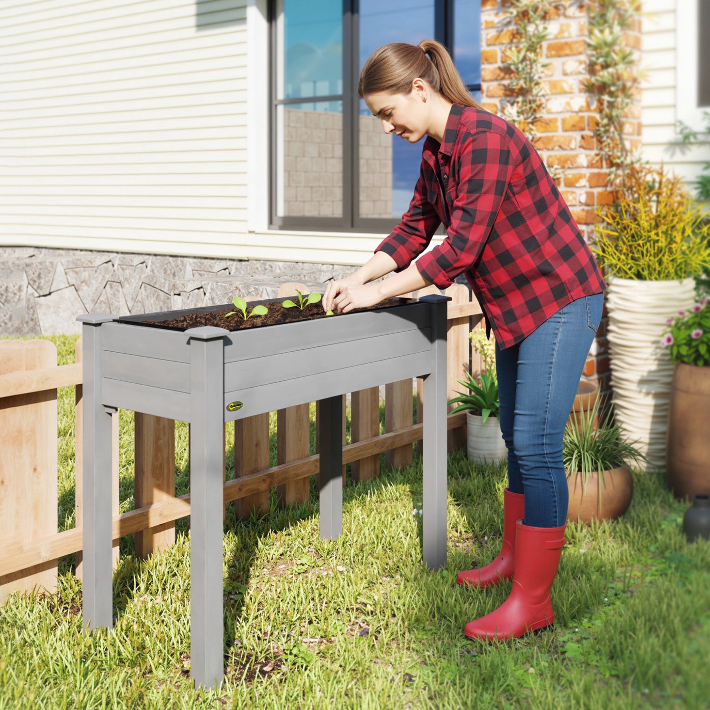 Outsunny Raised Bed for Garden, Wooden Elevated Planter Box with Bed Liner, for Flower Vegetable Herb, Dark Grey
