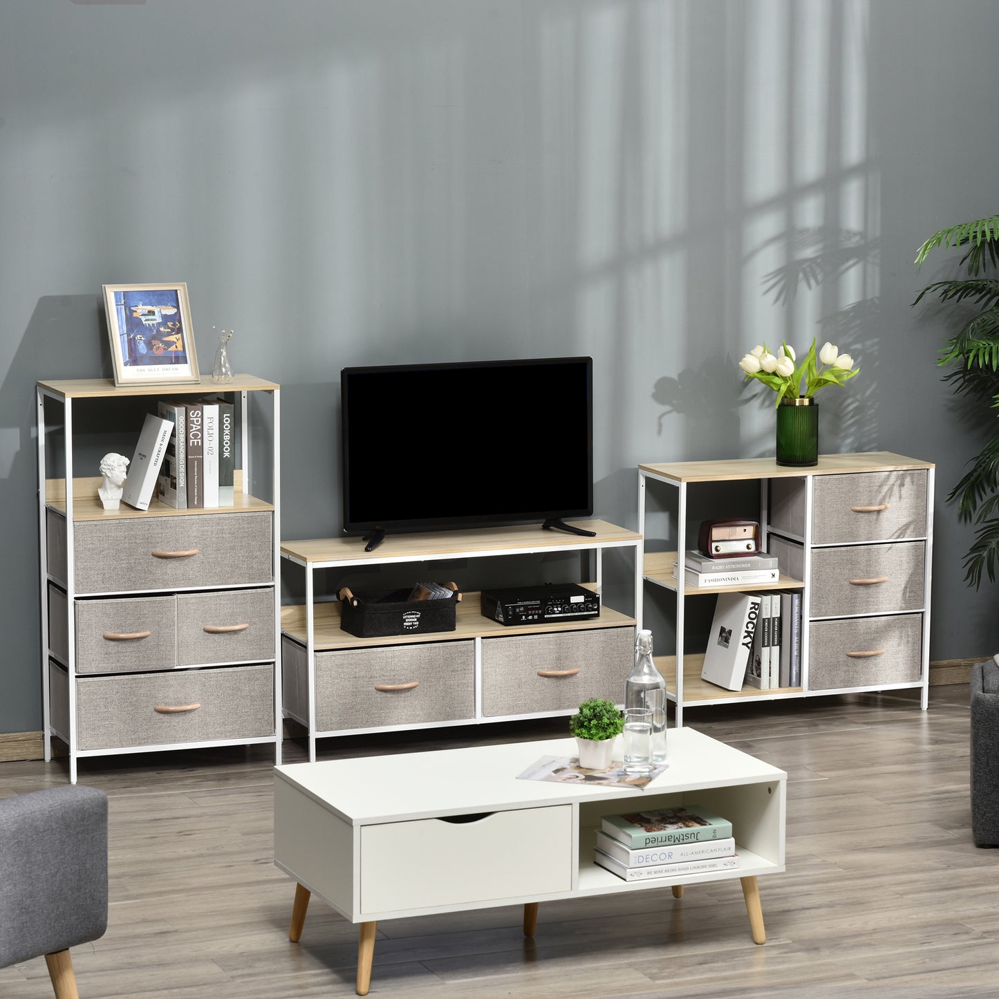 HOMCOM Chest of Drawers Storage  Dresser Cabinet Organizer with 3 Fabric Drawers and 2 Display Shelves for Living Room, Bedroom, Hallway, Beige