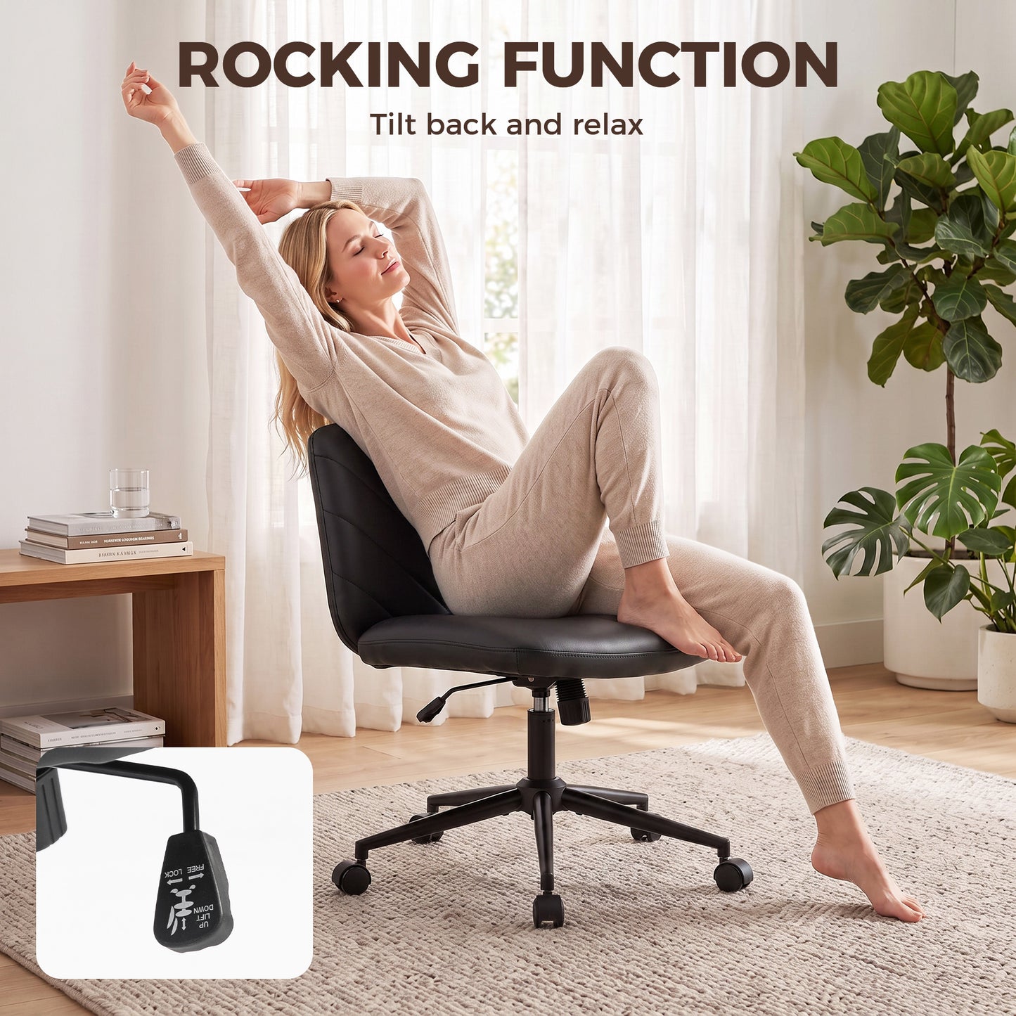 HOMCOM Home Office Desk Chair Height Adjustable Swivel Chair Cross Legged Wide Seat Swivel Wheels Black