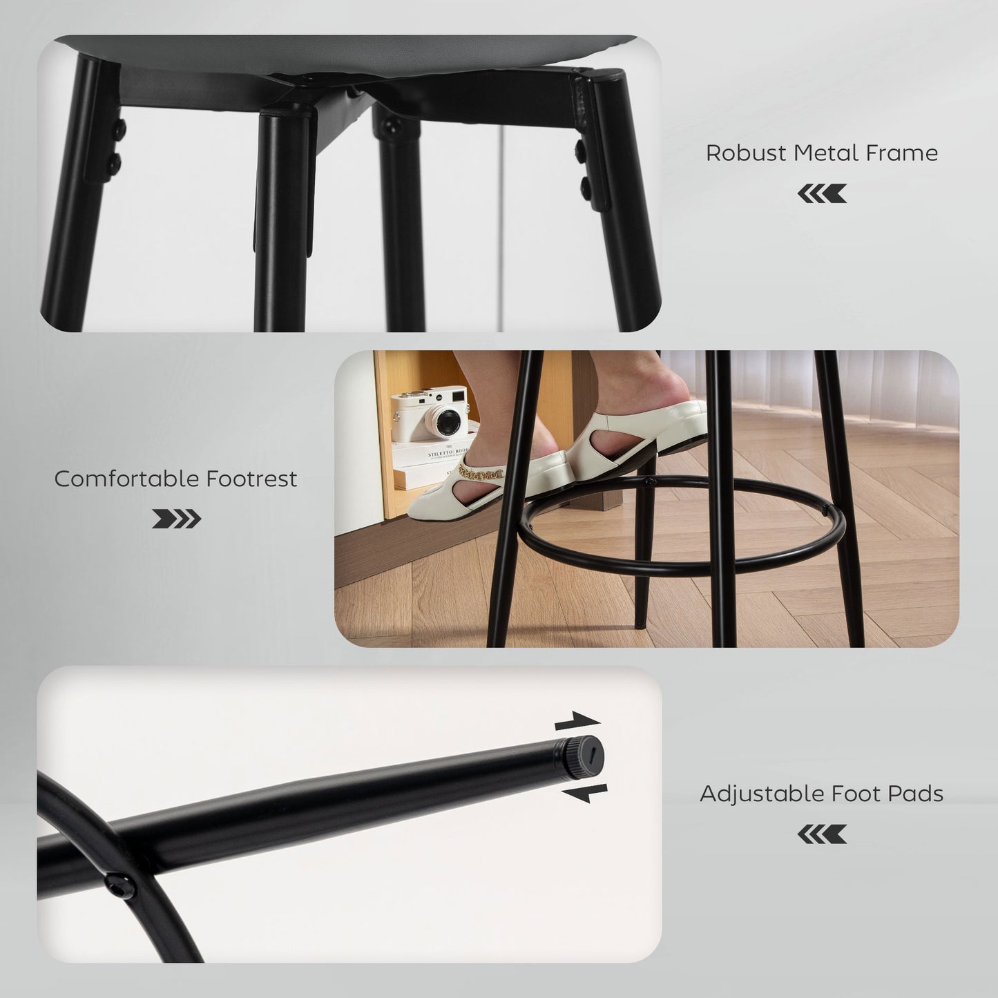 HOMCOM Set of Two Faux Leather Bar Stools - Grey/Black