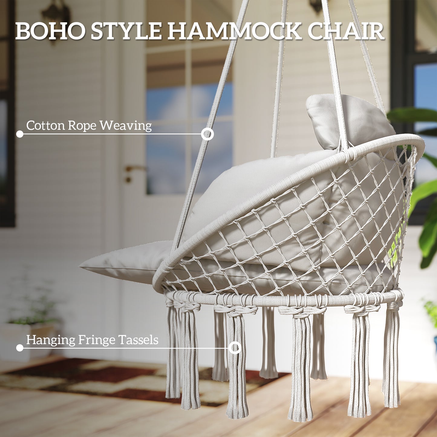 Outsunny Hanging Chair Outdoor Hammock Chair with Soft Cushion, Cotton Rope Boho Style Swing Chair, Hanging Garden Swing Seat for Indoor Outdoor, Cream White