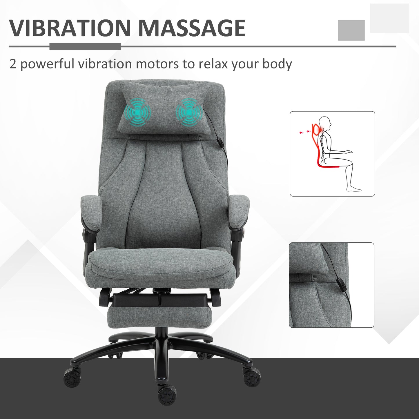 Vinsetto Office Chair, Fabric Desk Chair with Adjustable Massage Pillow, USB Power and Retractable Footrest, High Back, 360Â° Swivel, for Home, Grey
