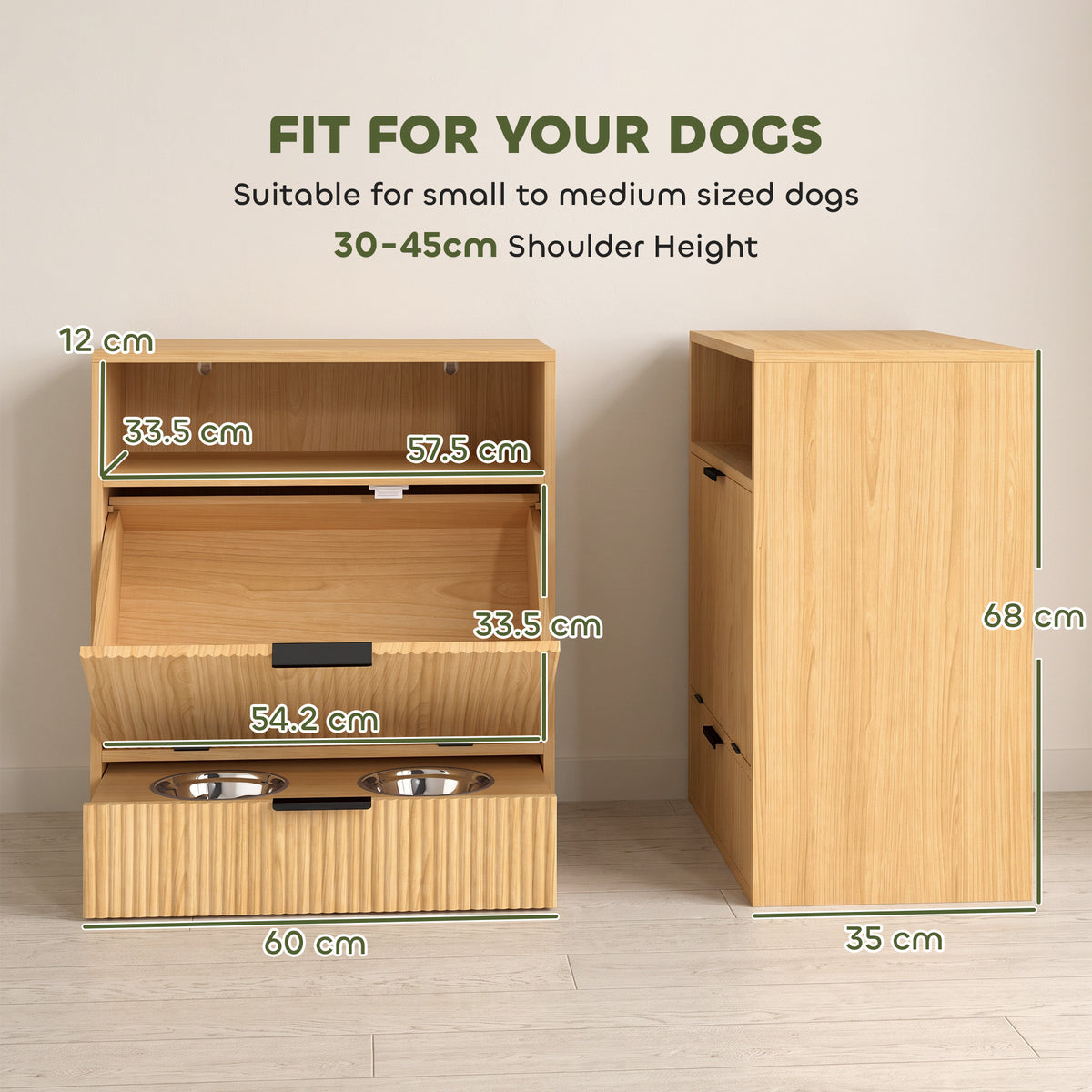PawHut Pet Feeder Station with Storage, Dog Food Storage Container w/ 2 Raised Bowls, Tilt Out Cabinet, Slow Feeder Mat