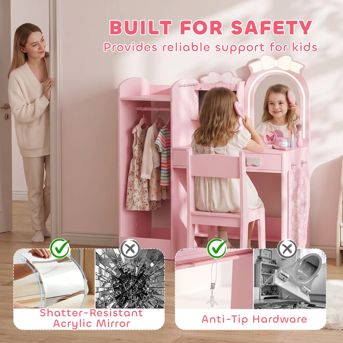 AIYAPLAY Kids Dressing Table, 3-in-1 Girls Vanity Set with Stool, 2-Colour Lights Mirror, Clothes Rack for Ages 3-8, Pink