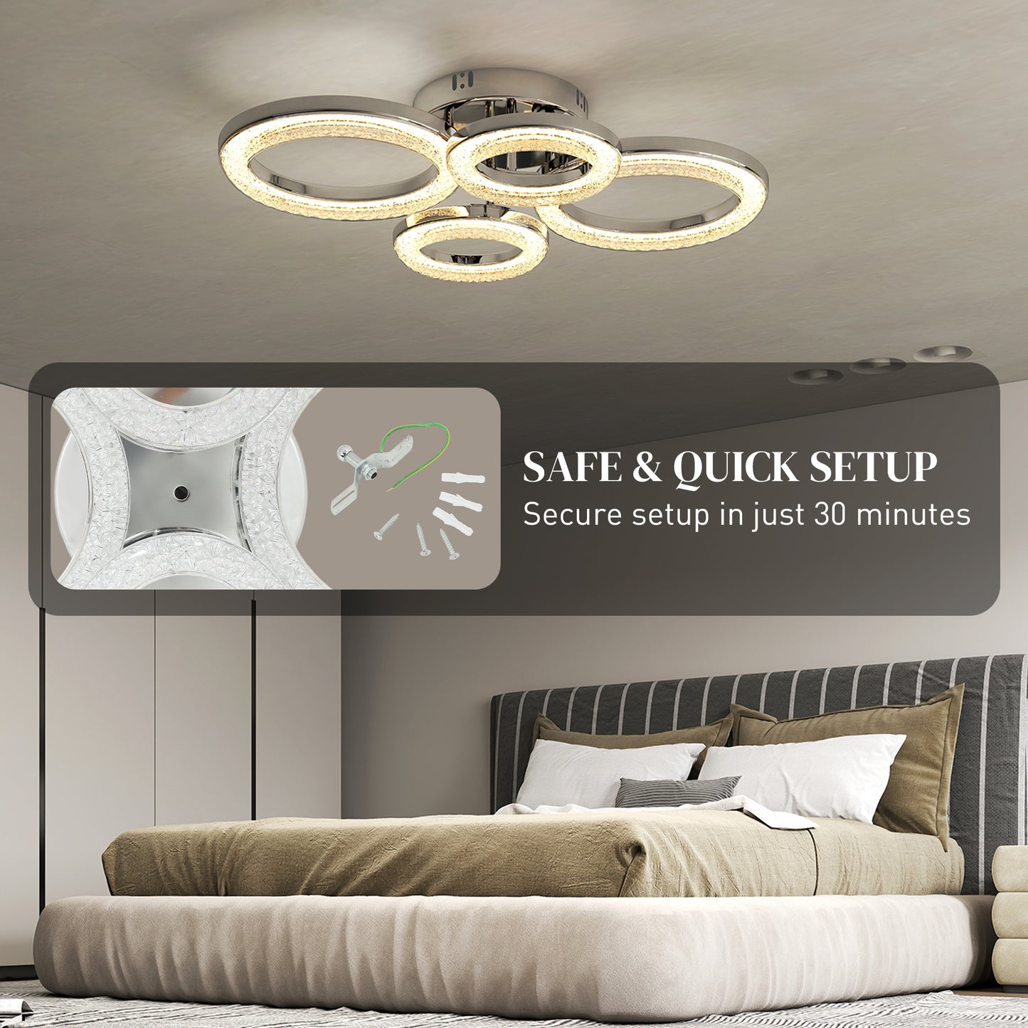 HOMCOM LED Ceiling Light, Modern 4 Rings Ceiling Lamp with Wall Switch Control, 40W 4350lm Flush Mount Ceiling Light with 3500K/4500K/6000K Colour Temperatures for Living Room, Bedroom, Silver Tone