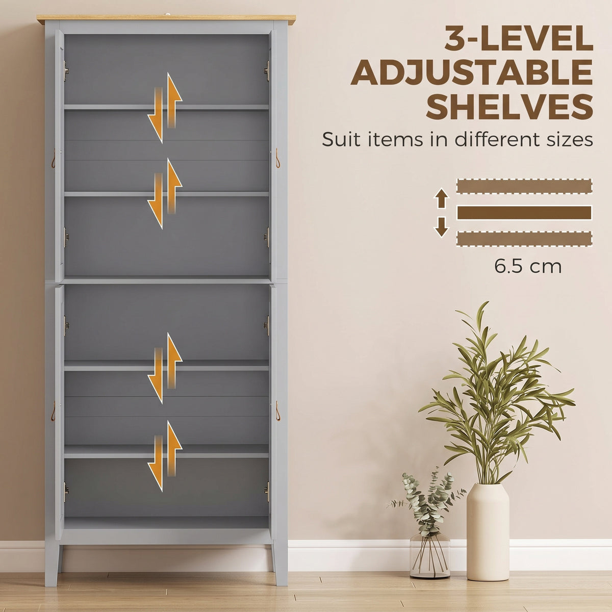 HOMCOM Tall Pantry Cupboard with Motion Sensor LED Light - Grey