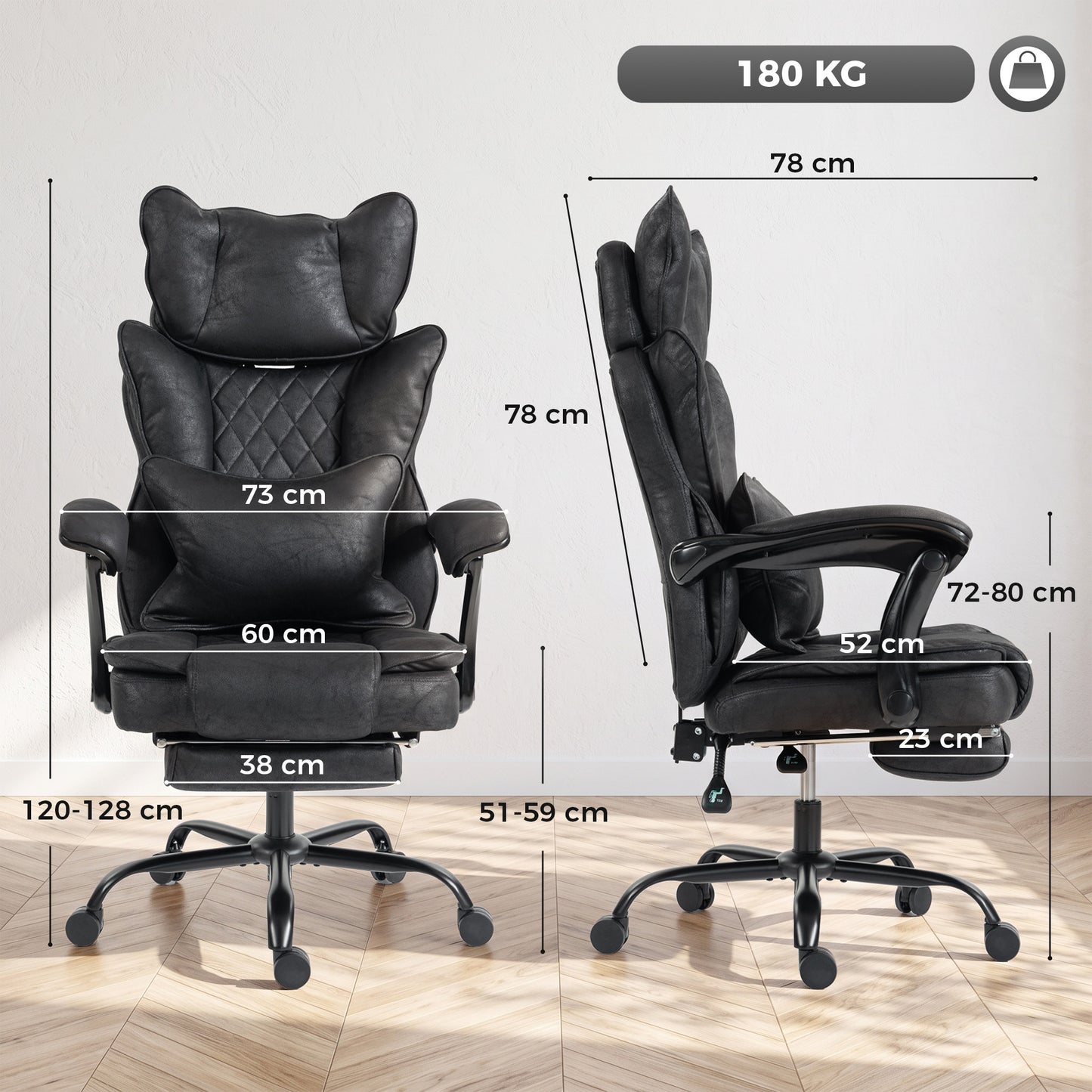 HOMCOM Executive Office Chair, Leathaire Big and Tall Office Chair 180 kg with Wide Seat, Reclining, Lumbar Support, Black
