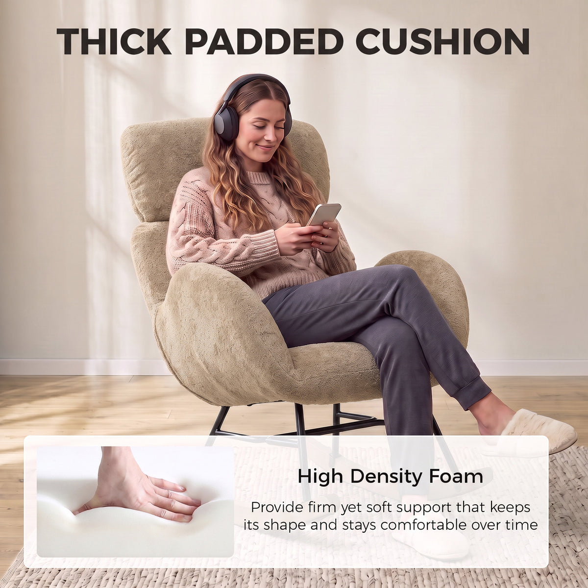 HOMCOM Upholstered Rocking Chair Adjustable Headrest Rocker Chair Raindrop Velvet Rubberwood Base Light Brown