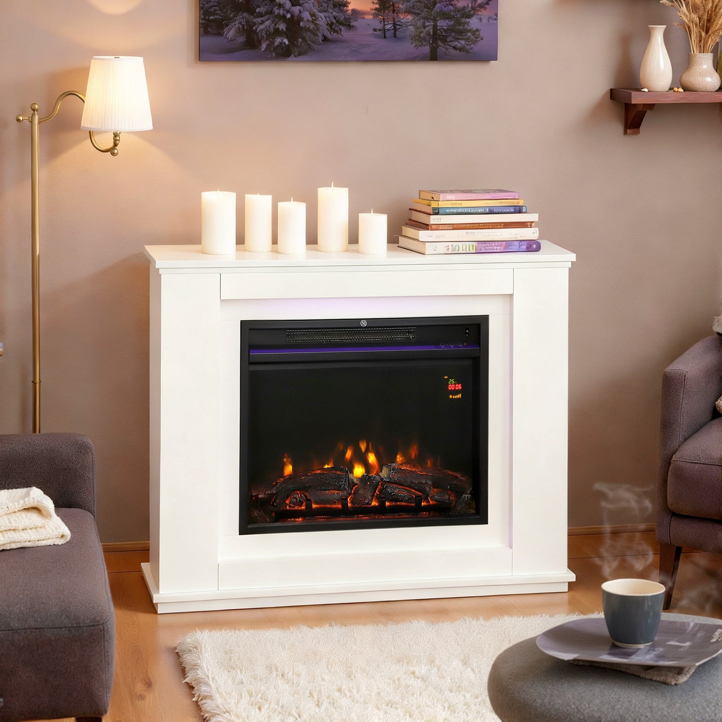 HOMCOM Electric Fireplace with 12 Colours Realistic Flame Effect & 5 Brightness Levels, 1000W/2000W Inset Electric Fire and Mantel Reach up to 30 mÂ² Space with Remote & Timer for Living Room, White