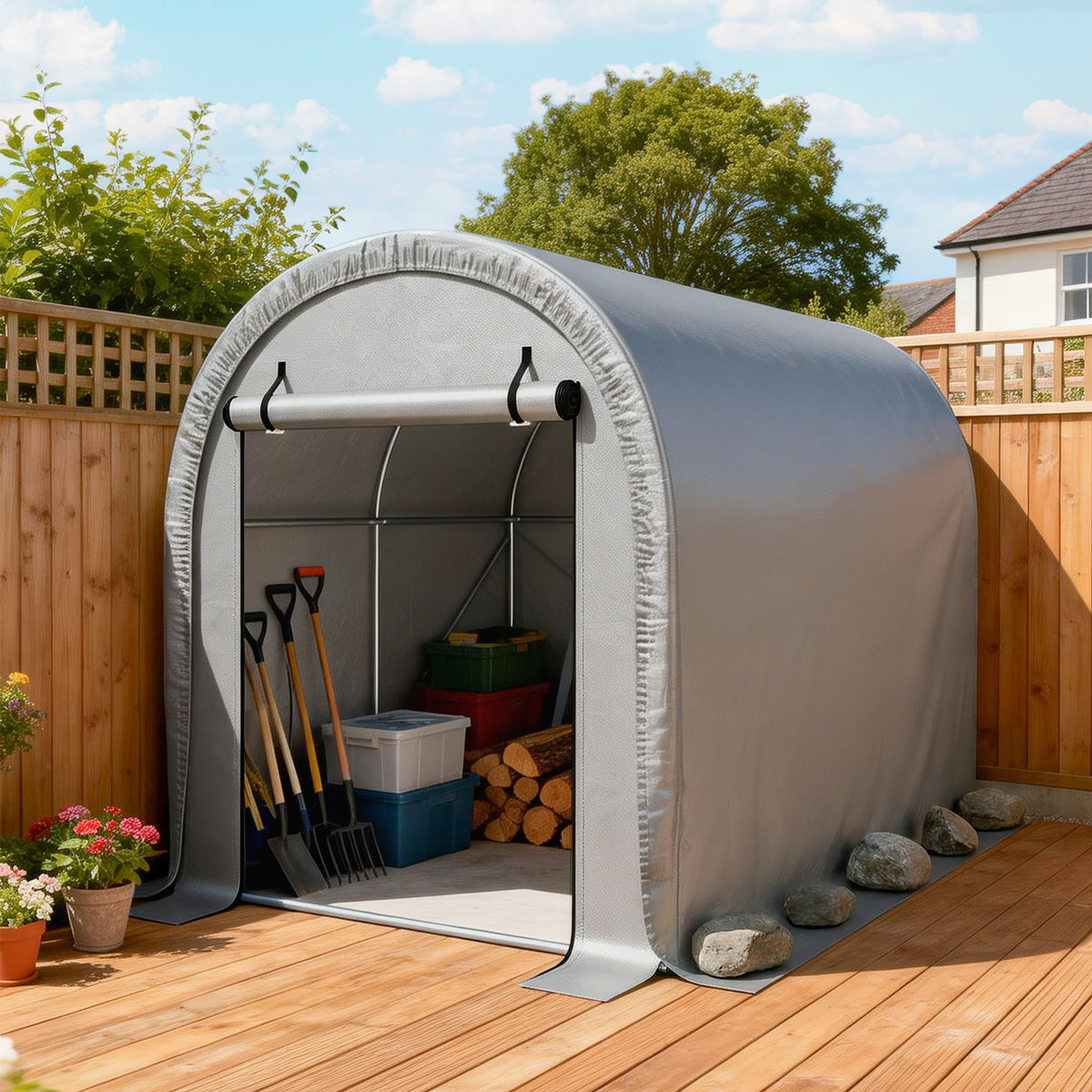 Outsunny 1.6 x 2.4m Garden Storage Shed Tent, Waterproof Bike Shed with Roll-up Zipper Door, Galvanised Metal Frame, Light Grey