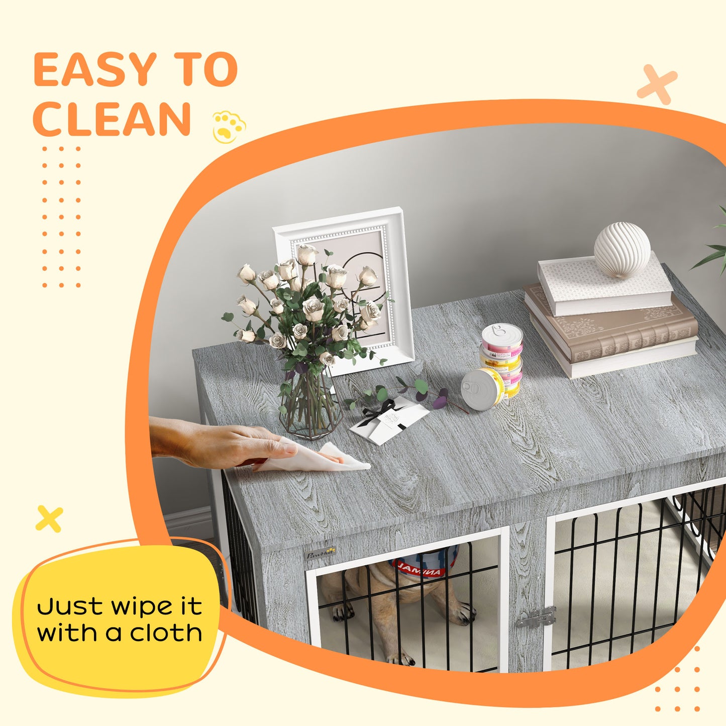 PawHut Dog Crate Furniture End Table, with Washable Cushion, Double Doors, for Medium/Large Dogs, Grey