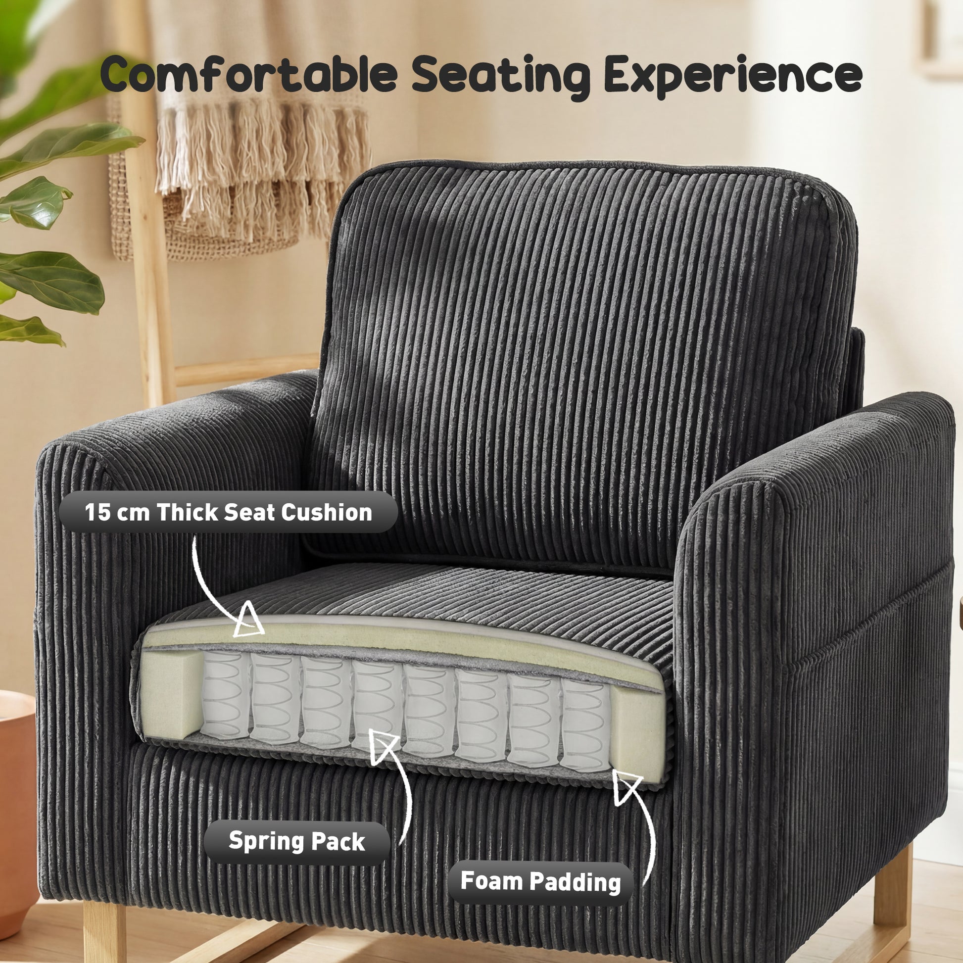 HOMCOM Accent Chair with Pocket Spring, Modern Industrial Armchair with Metal Legs for Livingroom Dark Grey