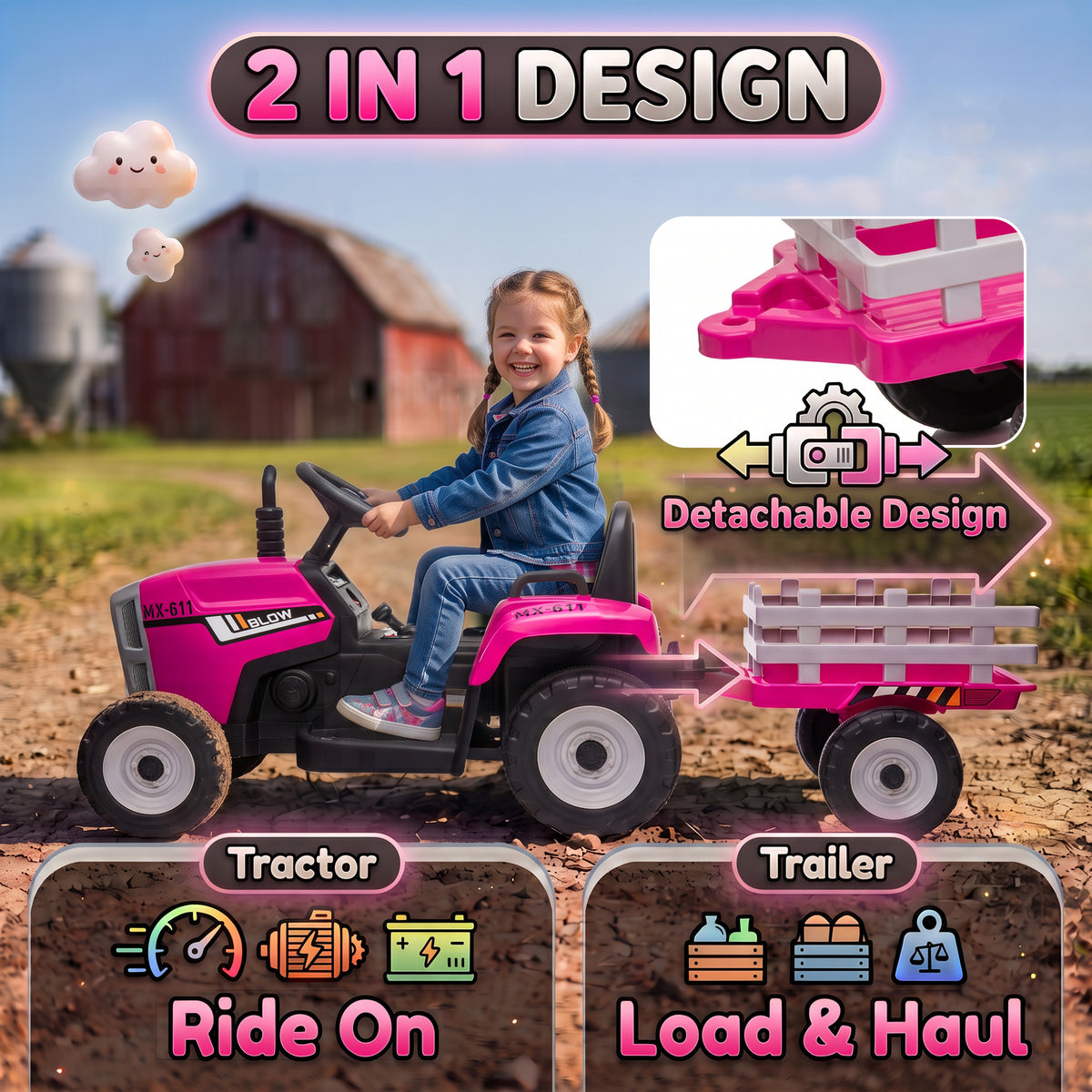 HOMCOM 12V Kids Ride on Tractor with Detachable Trailer, Remote, Soft Start, Seat Belt, Music, USB, Horn, Lights for 3-6, Pink