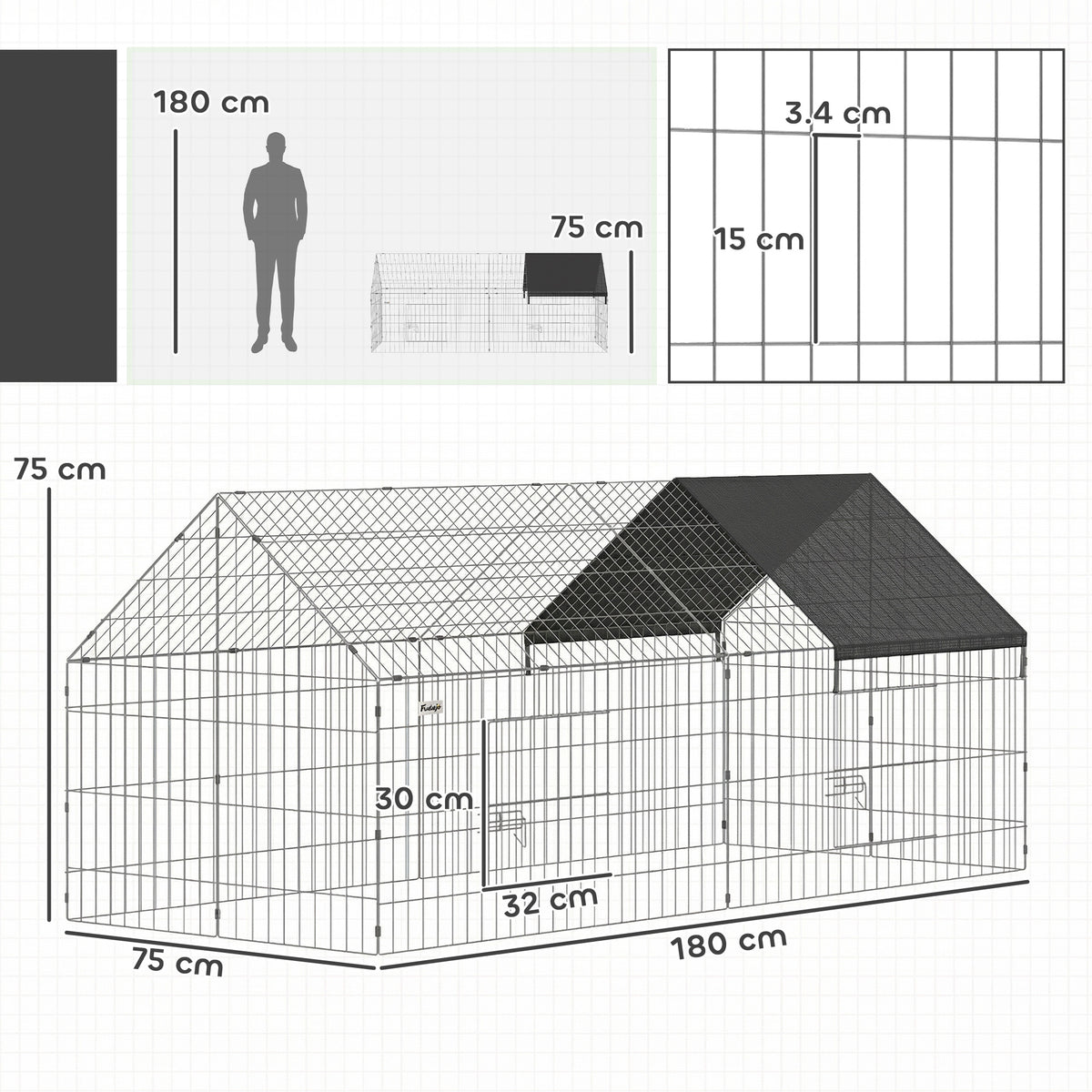 PawHut Rabbit Run with Protective Cover for  Small Animals, Chickens, Guinea Pigs, Tortoises, 180 x 75 x 75 cm, Black