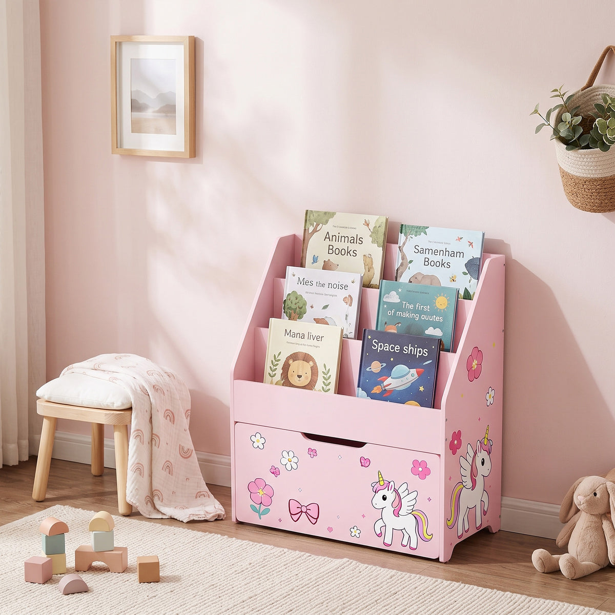 AIYAPLAY Kids Bookshelf, Montessori Inspired Childrens Bookcase with Moveable Drawer, 3-Tier Bookshelf for 3-8 Years, Pink