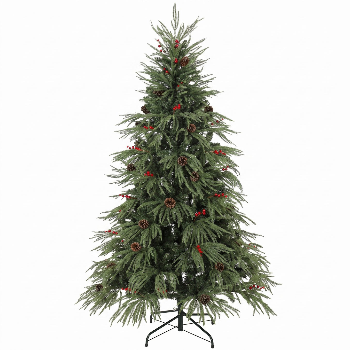 HOMCOM 6ft Artificial Christmas Tree with Pinecones, Red Berries, Hinged Predecorated Xmas Tree with 2843 Branch Tips