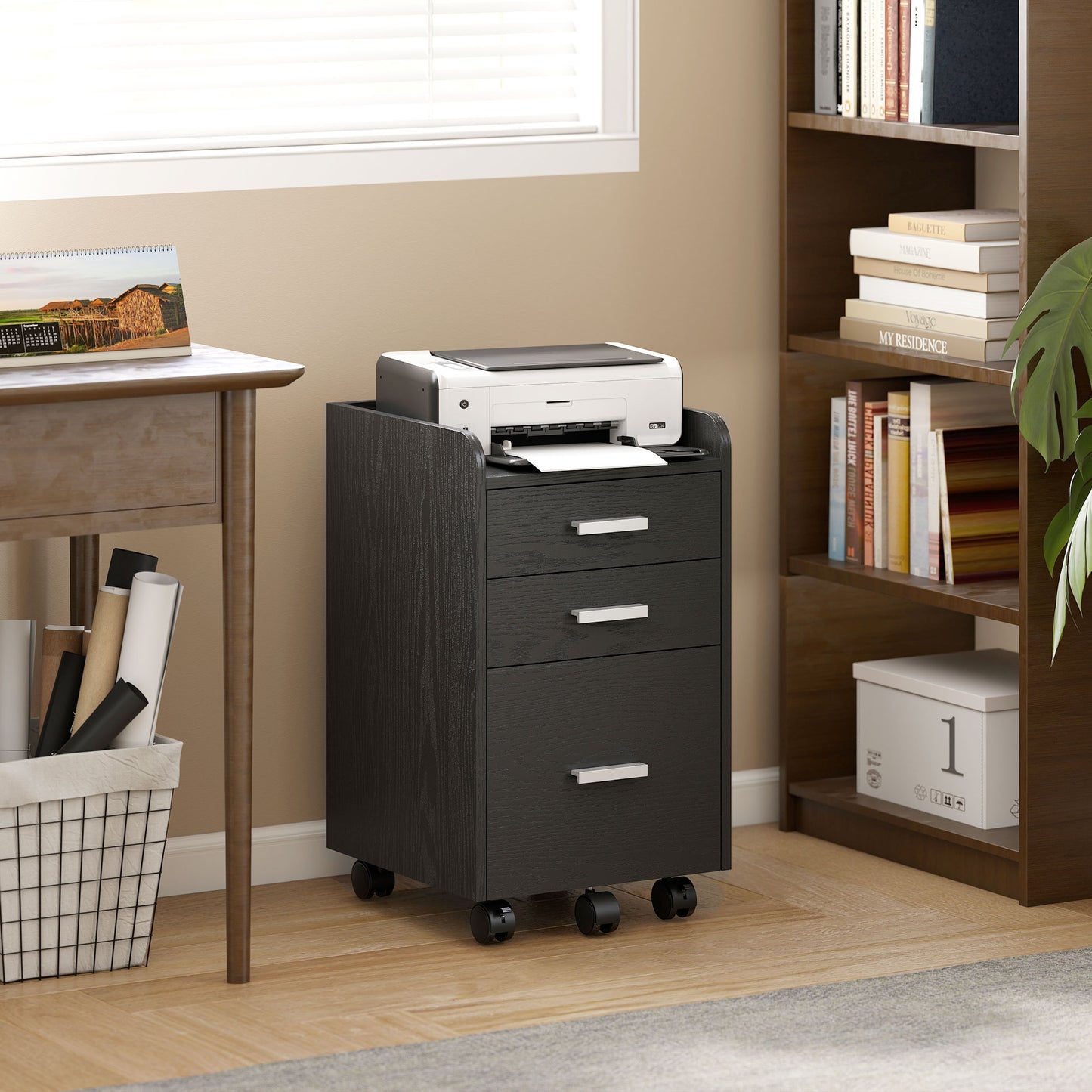 HOMCOM 3 Drawer Filing Cabinet, Rolling File Cabinet with Edged Top for Letter, A4 Size, Hanging File Folders, Black