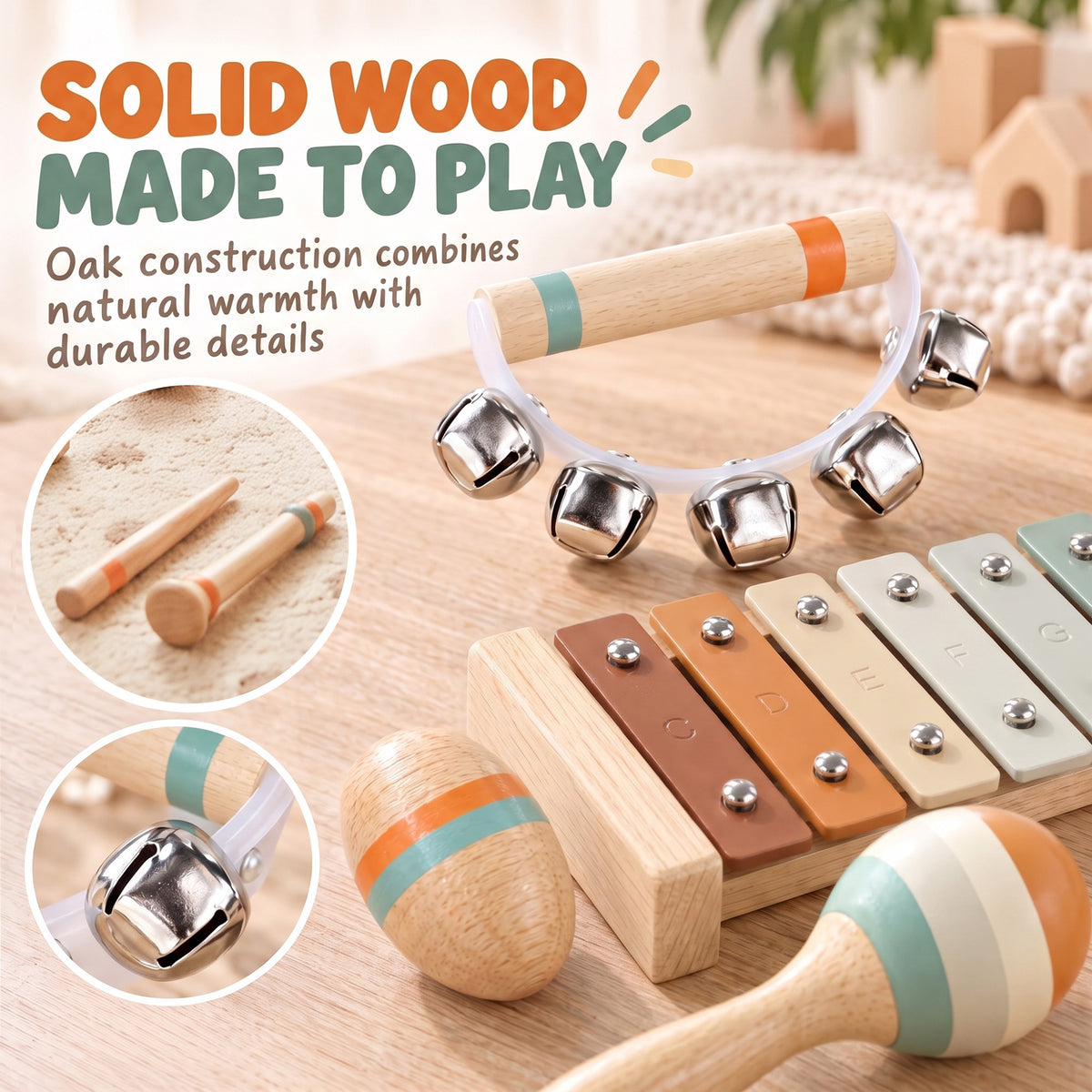 AIYAPLAY Kids Drum Kit, 14 Pieces Wooden Kids Musical Instruments Set with Tone Block, Maracas, Triangle, Xylophone for Toddlers