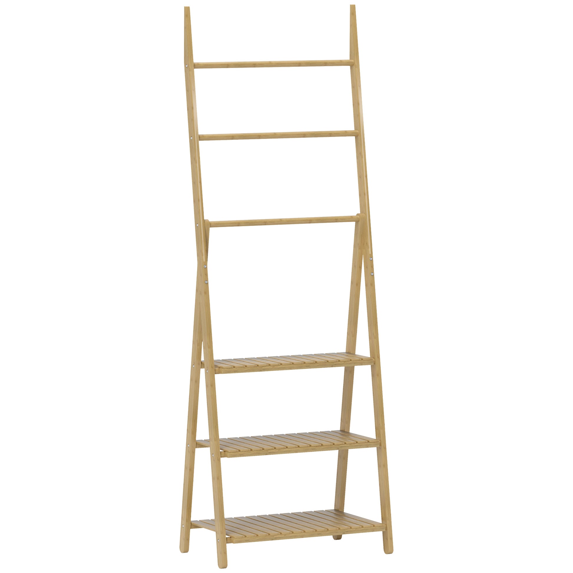 HOMCOM Three-Shelf Bamboo Storage Unit, with Towel Racks - Natural Finish