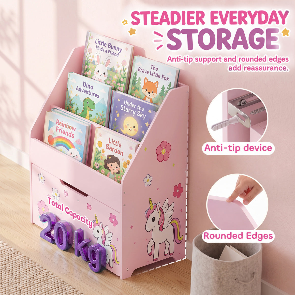 AIYAPLAY Kids Bookshelf, Montessori Inspired Childrens Bookcase with Moveable Drawer, 3-Tier Bookshelf for 3-8 Years, Pink
