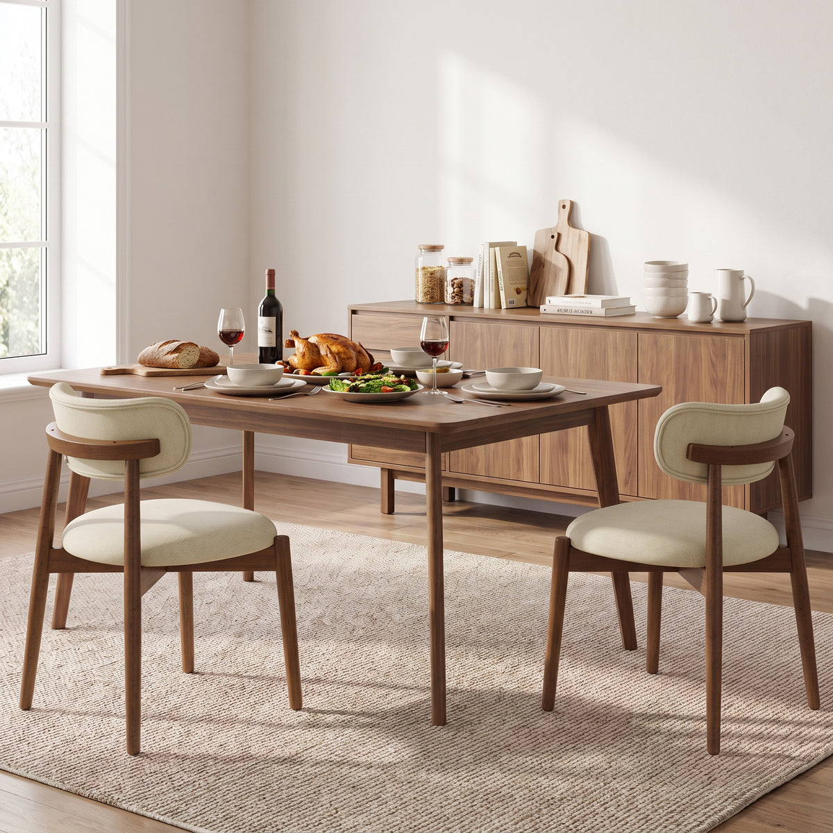 HOMCOM Dining Chairs Chenille Upholstered Kitchen Chairs Curved Backrest Rubberwood Legs Beige