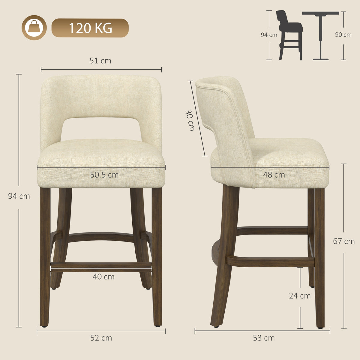 HOMCOM Bar Stools Set of 2, Counter Height Bar Stools with Curved Backrest, for Kitchen Island, Dining Room, Living Room, Beige