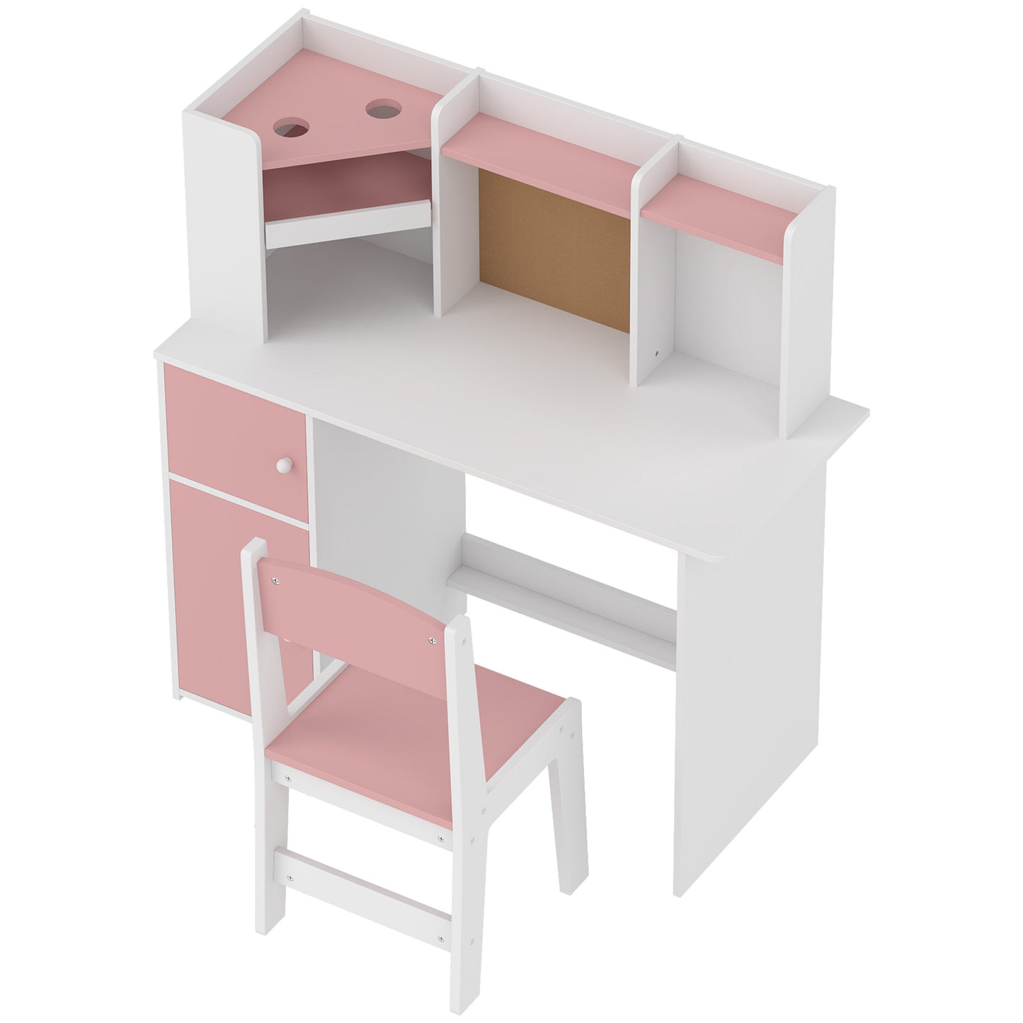 AIYAPLAY Kids Desk and Chair Set Storage Shelves Kids Desk Adjustable Tablet Stand Cork Board Pen Holder Pink