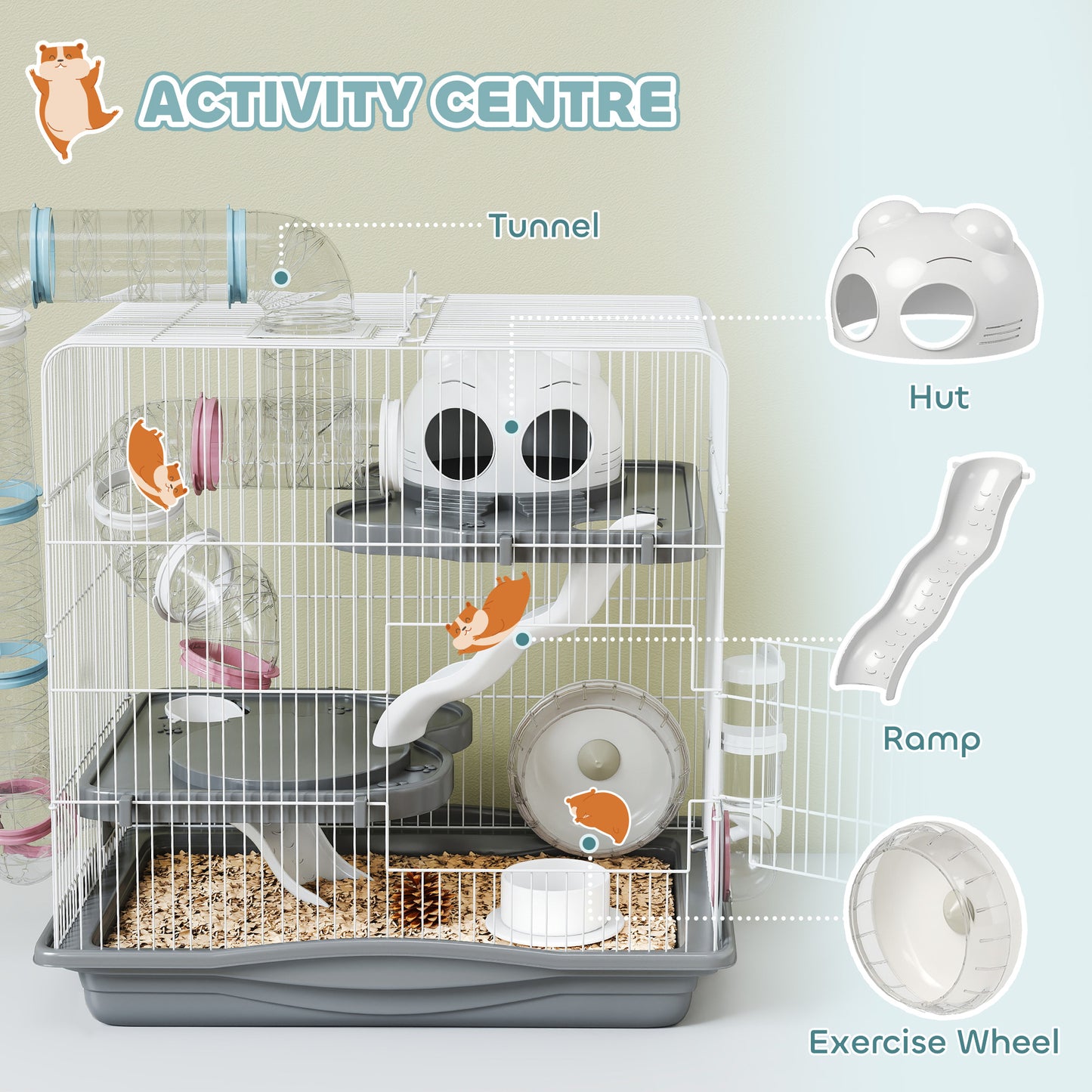 PawHut 3-Tier Hamster Cage with Exercise Wheels, Water Bottle, Food Dish, for Dwarf Hamsters, 45 x 30 x 45 cm, Grey