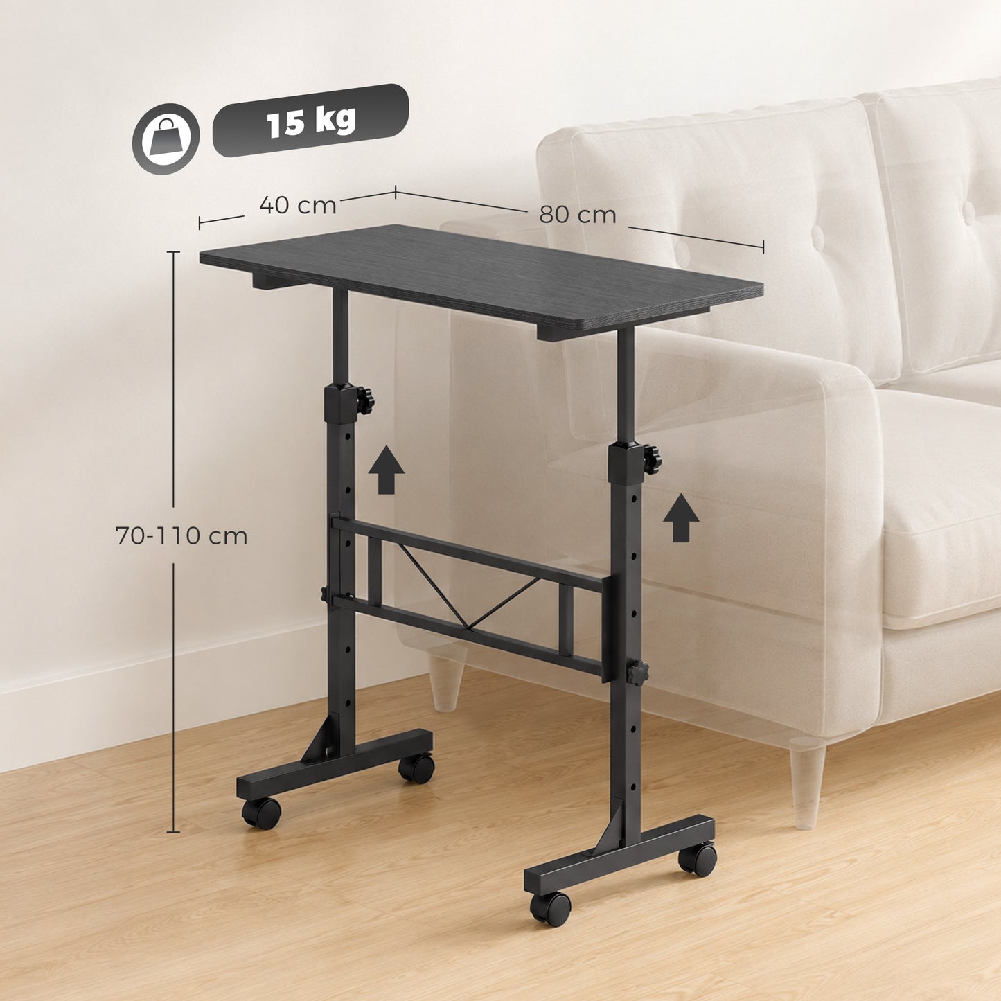 HOMCOM Overbed Table Adjustable Height Sofa Side Table with Wheels 80 x 40 cm Black