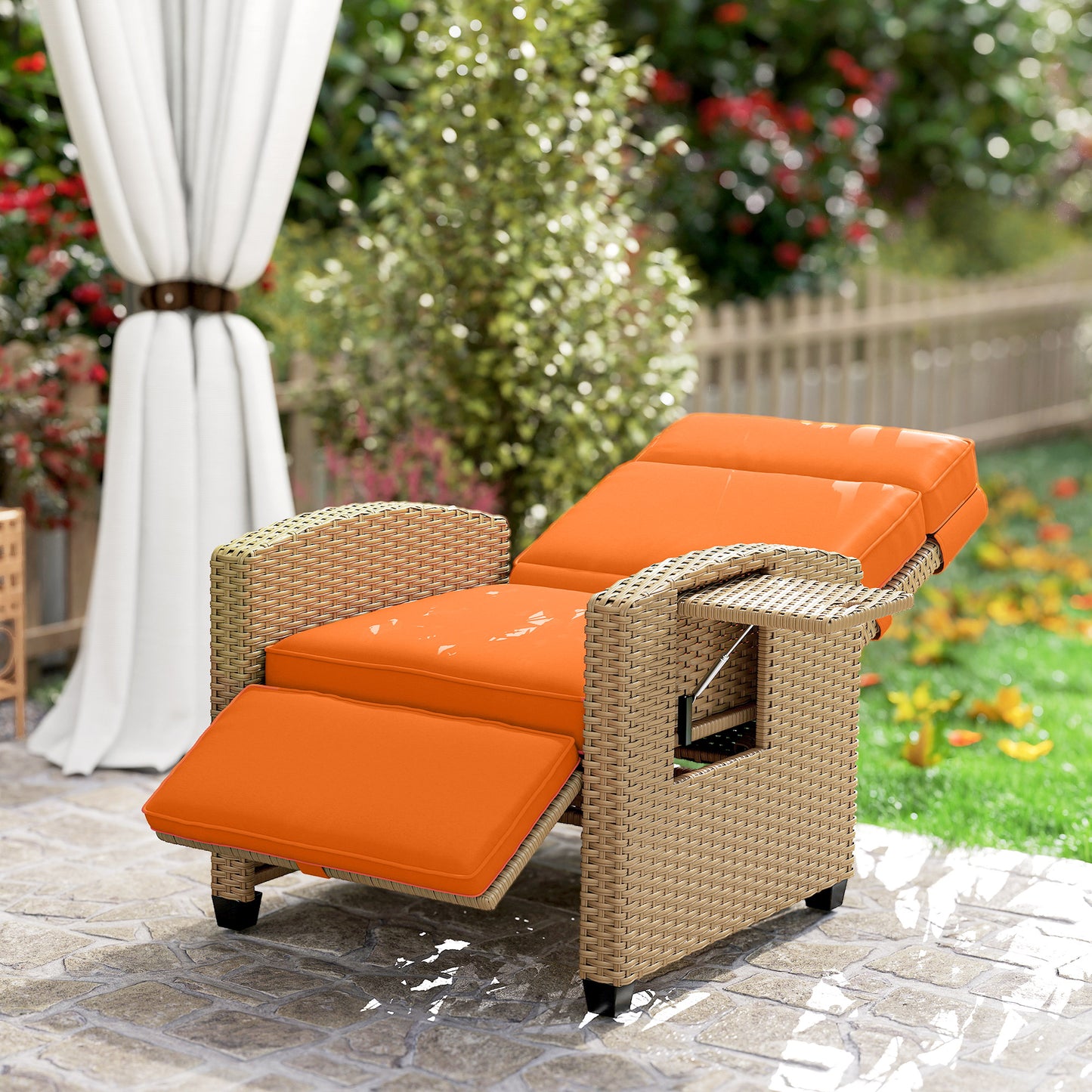 Outsunny 145Â° Reclining Rattan Armchair, with Footrest - Khaki/Orange