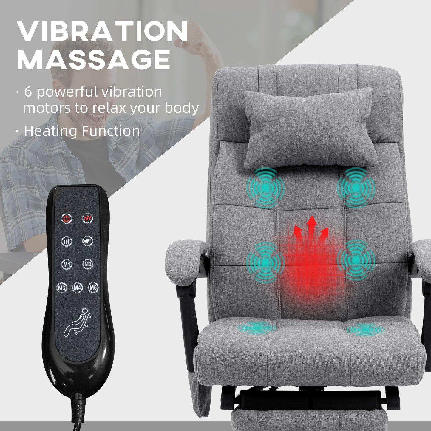 Vinsetto Office Chair with 6-point Vibration Massage and Heat, Computer Chair with Adjustable Height, Head Pillow, Footrest for Home, Grey