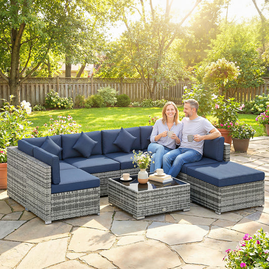 Outsunny 8 Pieces PE Rattan Corner Sofa Set, Outdoor Garden Furniture Set, Patio Wicker Sofa Seater with Cushion, Dark Blue