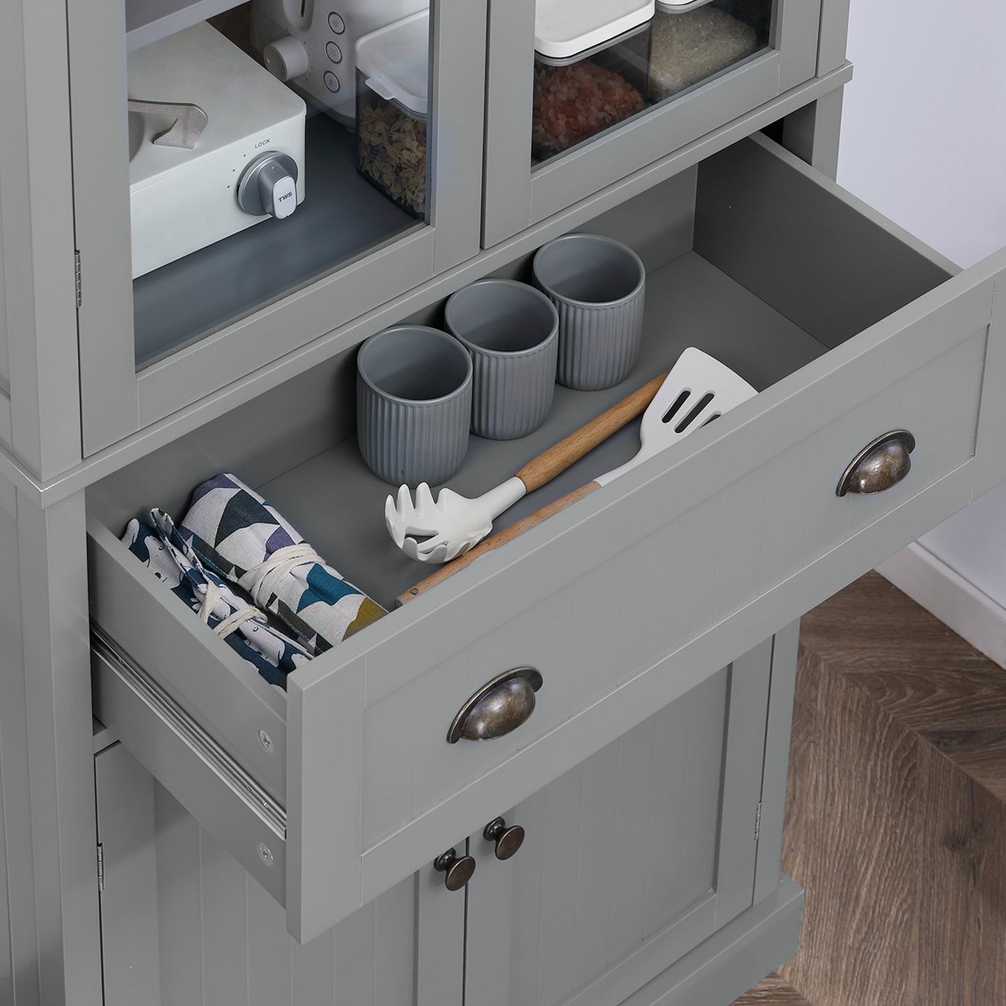 HOMCOM 180cm Tall Kitchen Pantry Cupboard, Freestanding Storage Cabinet with 5 Tier, Adjustable Shelves,  Drawer, Grey