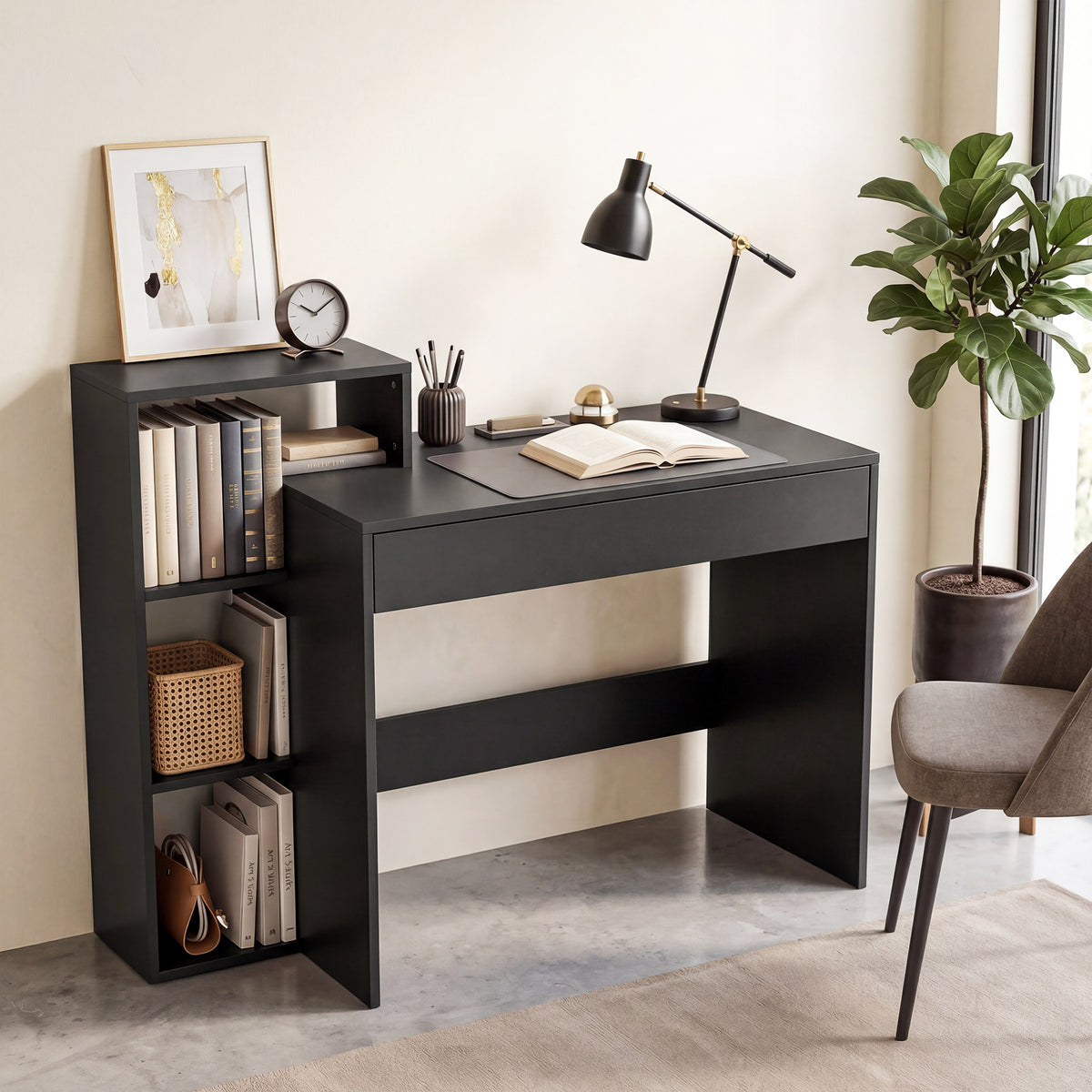 HOMCOM Desk with Storage, Computer Desk with 3 Open Shelves and Drawer, Workstation, Computer Table, Black