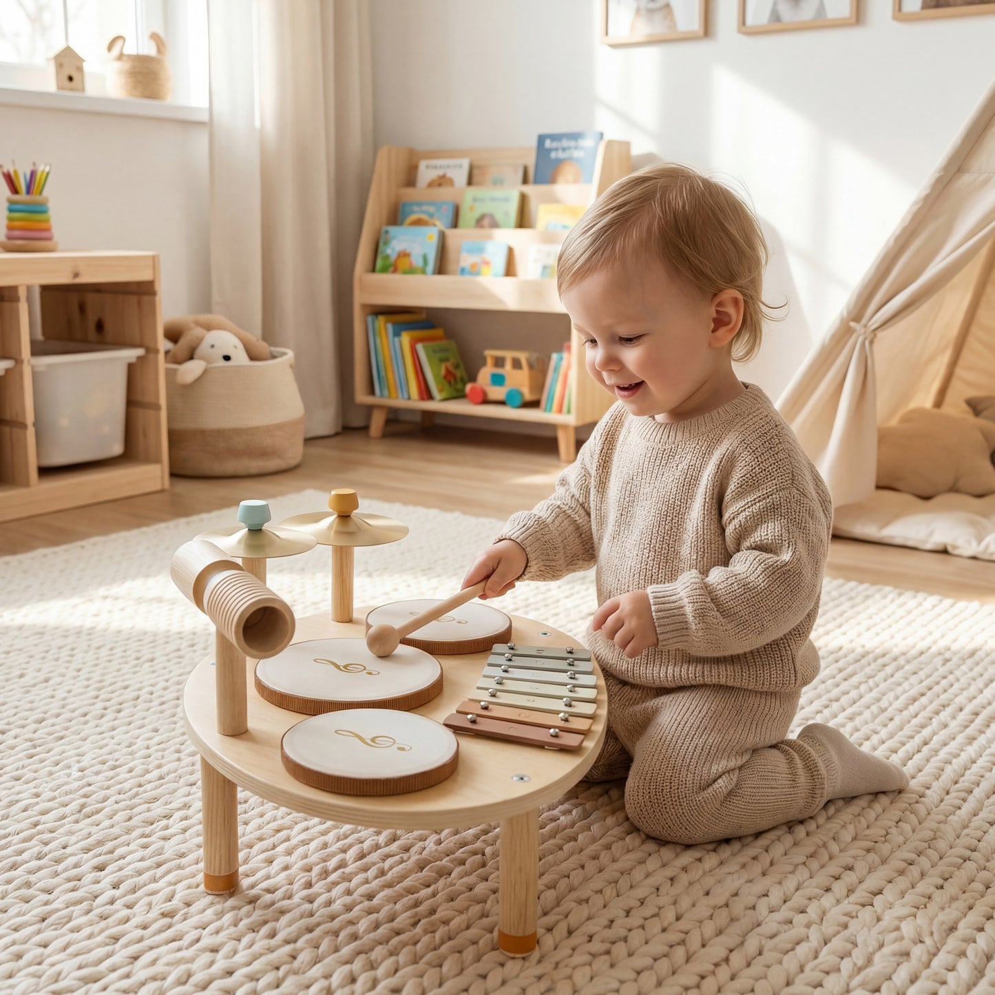 AIYAPLAY Baby Drum Kit, Wooden Kids Musical Instruments with Drums and Xylophone, Gifts for Girls Boys Birthday, Natural