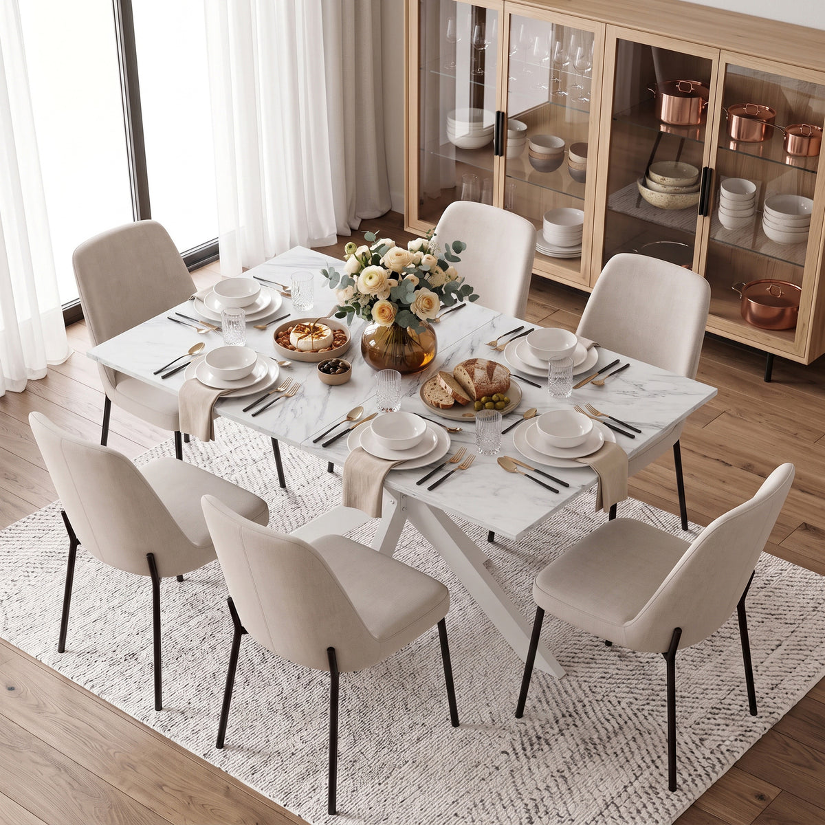 HOMCOM Extendable Dining Table Steel Cross Legs Steel Rails Space Saving White