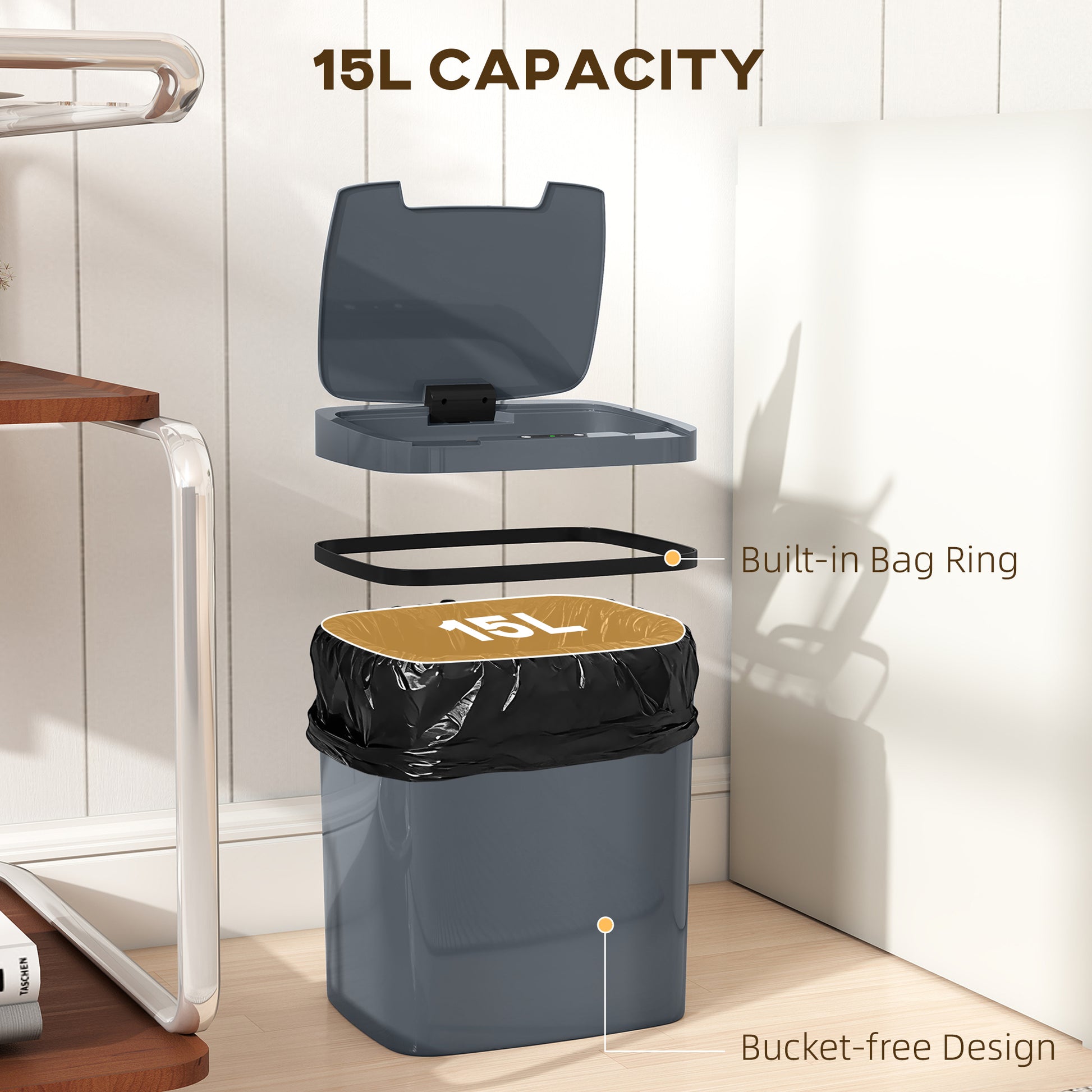 HOMCOM 15L Sensor Bin, Automatic Touchless Kitchen Bin, Easy Clean, Battery Operated for Home Office, Bedroom, Bathroom, Grey