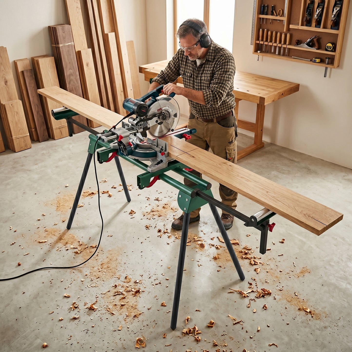 HOMCOM Universal Mitre Saw Stand with Adjustable Rollers and Support Arms, Portable Miter Saw Stand with Folding Legs