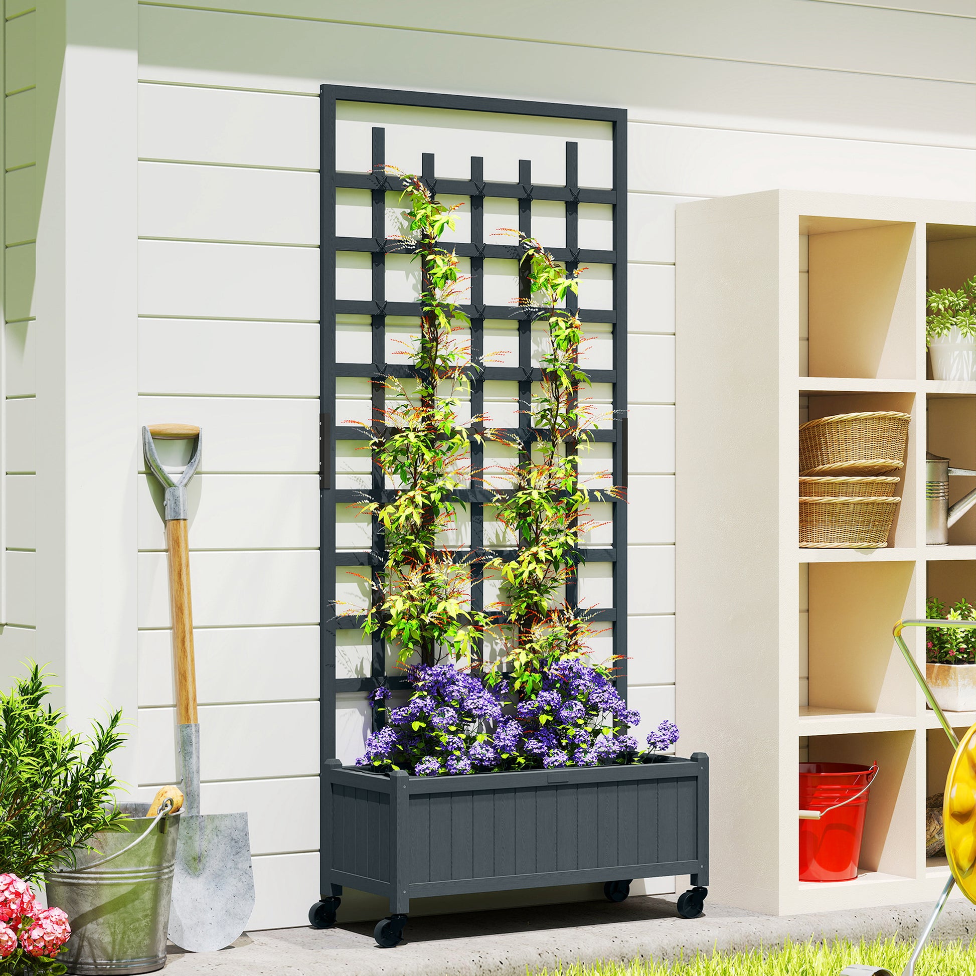 Outsunny Wooden Trellis Planter, Raised Garden Bed with Wheels, to Climb and Grow Vegetables, Herbs and Flowers, Grey
