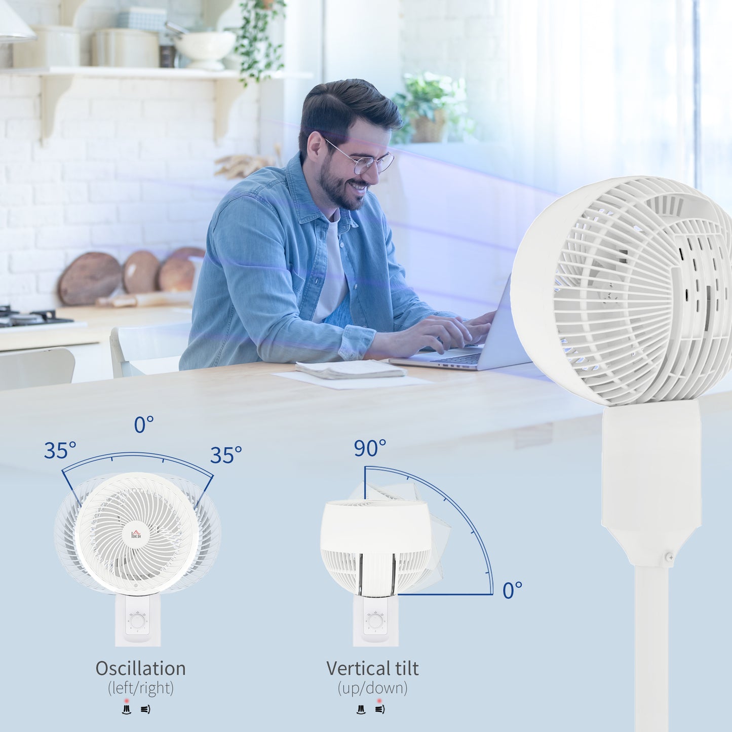 HOMCOM 9" Pedestal Fan, 70° Oscillation 90° Vertical Tilt Oscillating Air Circulator with 3 Speeds, Standing Fan for Home Office, Bedroom, White