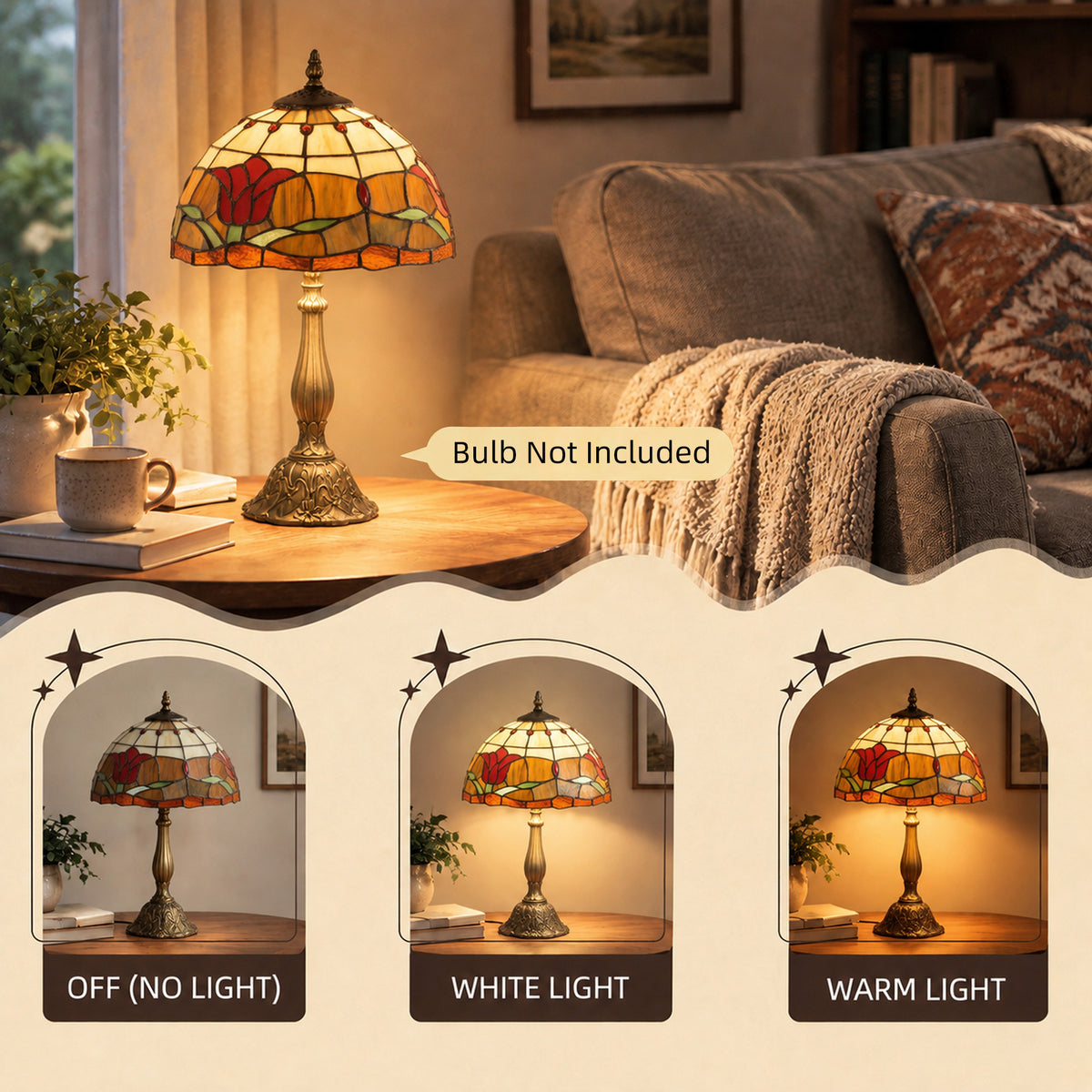 HOMCOM Tiffany Stained Glass Table Lamp, Handcrafted Artisan Lamp, Red, Ã˜25 x 45H cm, Zinc Alloy