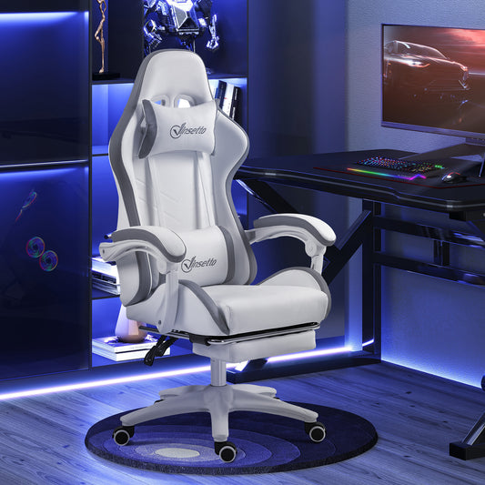 Vinsetto Computer Gaming Chair, PU Leather Desk Chair with Footrest, Swivel Task Chair with 135Â° Reclining Back and Lumbar Support, PC Chair for Adults, White and Grey
